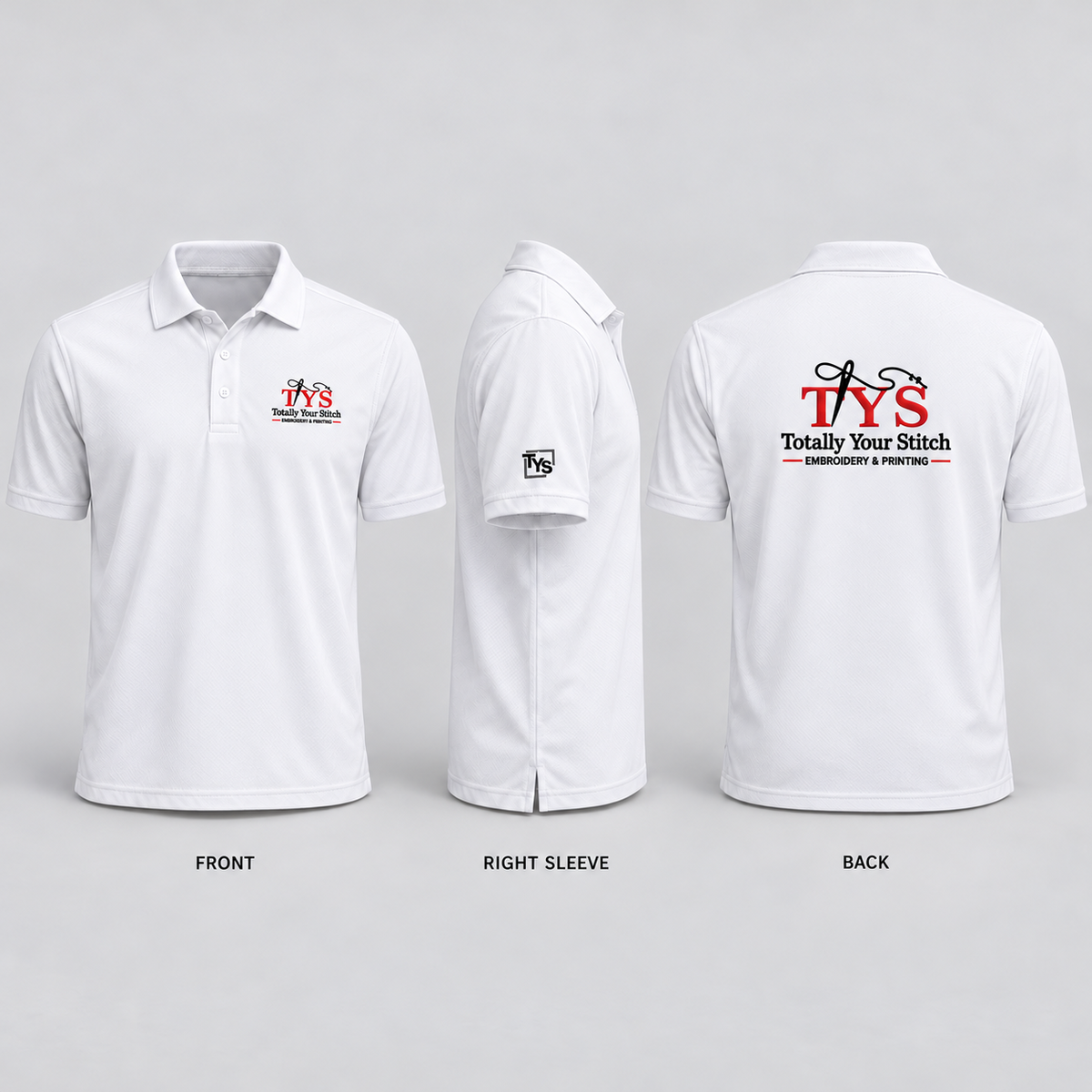 Dri-Fit Polo — Front & Sleeve Embroidery + Back Print
