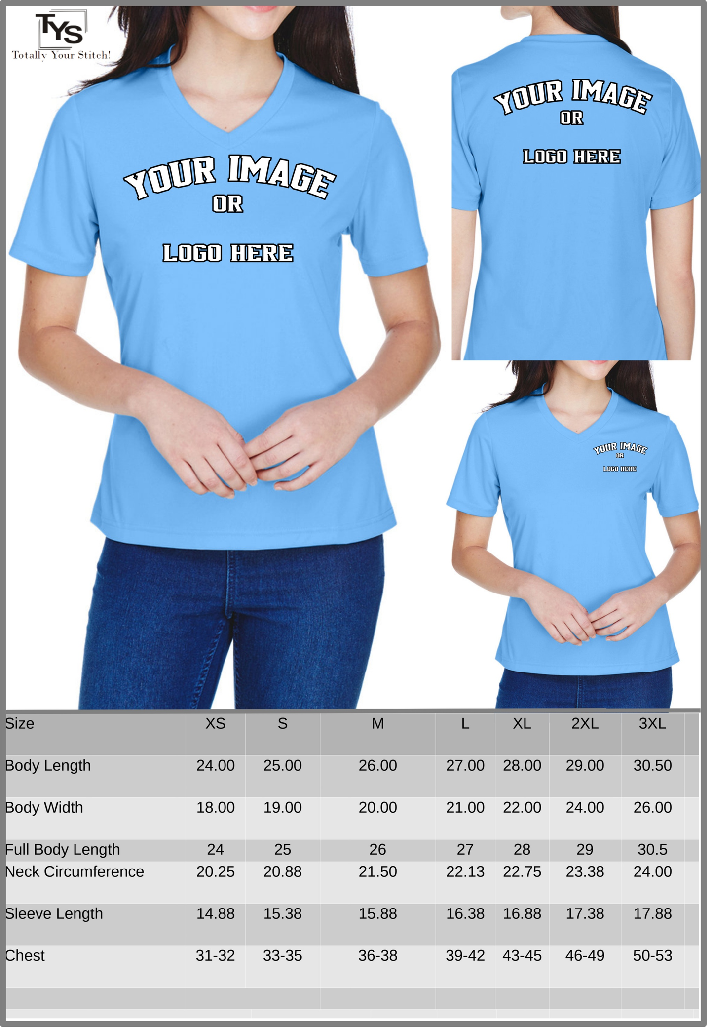 Dry Fit Custom V-Neck T-shirts for Women Your Design Printed 4 Pack - light blue