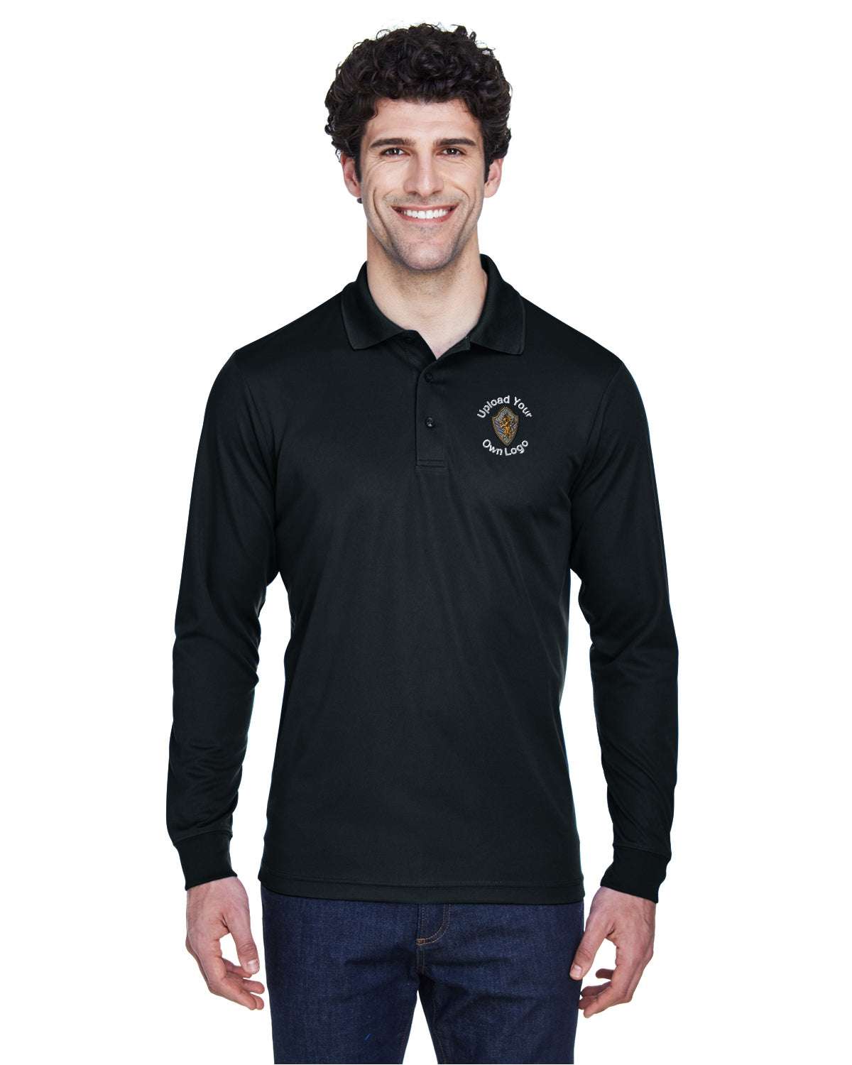 Long Sleeve Polo Shirt With Custom Business Logo Embroidered - Men - black