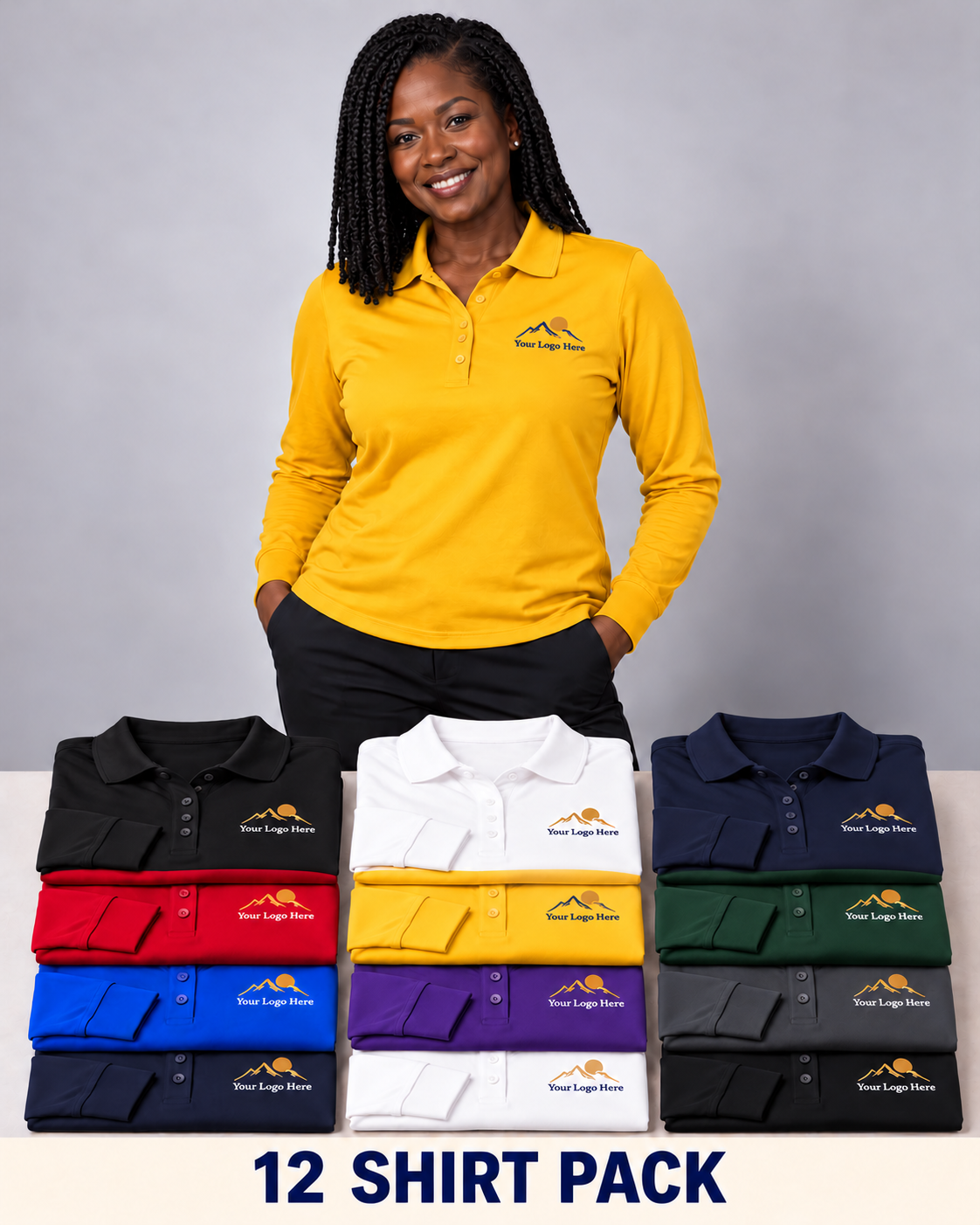 Women’s Long-Sleeve Dry-Fit Polos – Custom Embroidered Logo – 12-Pack