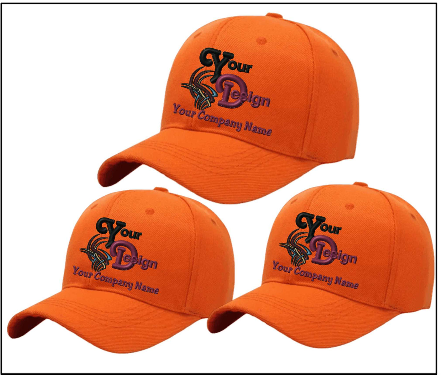 Adjustable Ball Caps Your Custom Logo Image Embroidered on Cap-3 Pack - orange