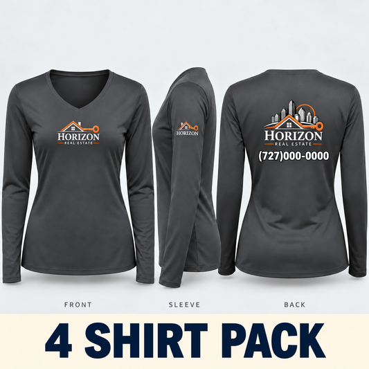 Custom Printed Long Sleeve V-Neck Dri-Fit shirts -4 Pack Women