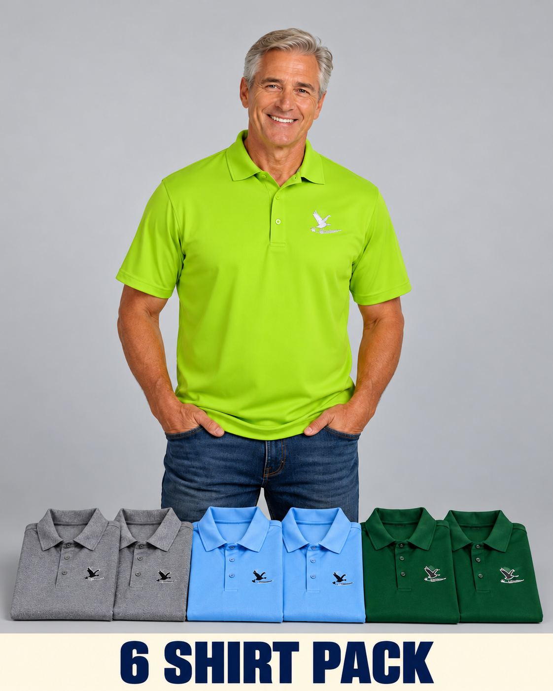 Men’s Polyester Dry-Sport Polos – Custom Embroidered Logo – 6-Pack