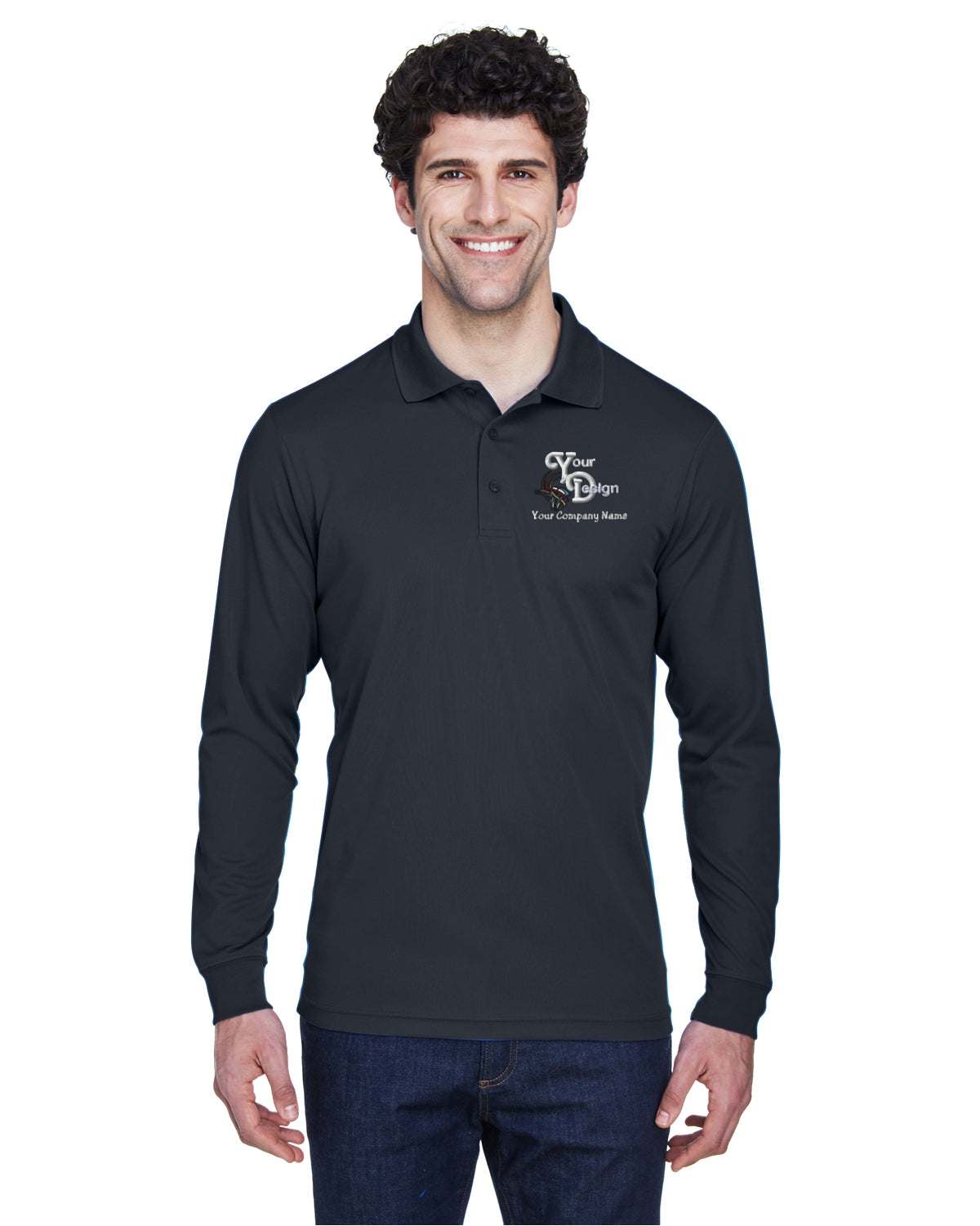 Dry-Sport Polo Long Sleeve Shirts-Your Company Logo Embroidery 12-Pack - black