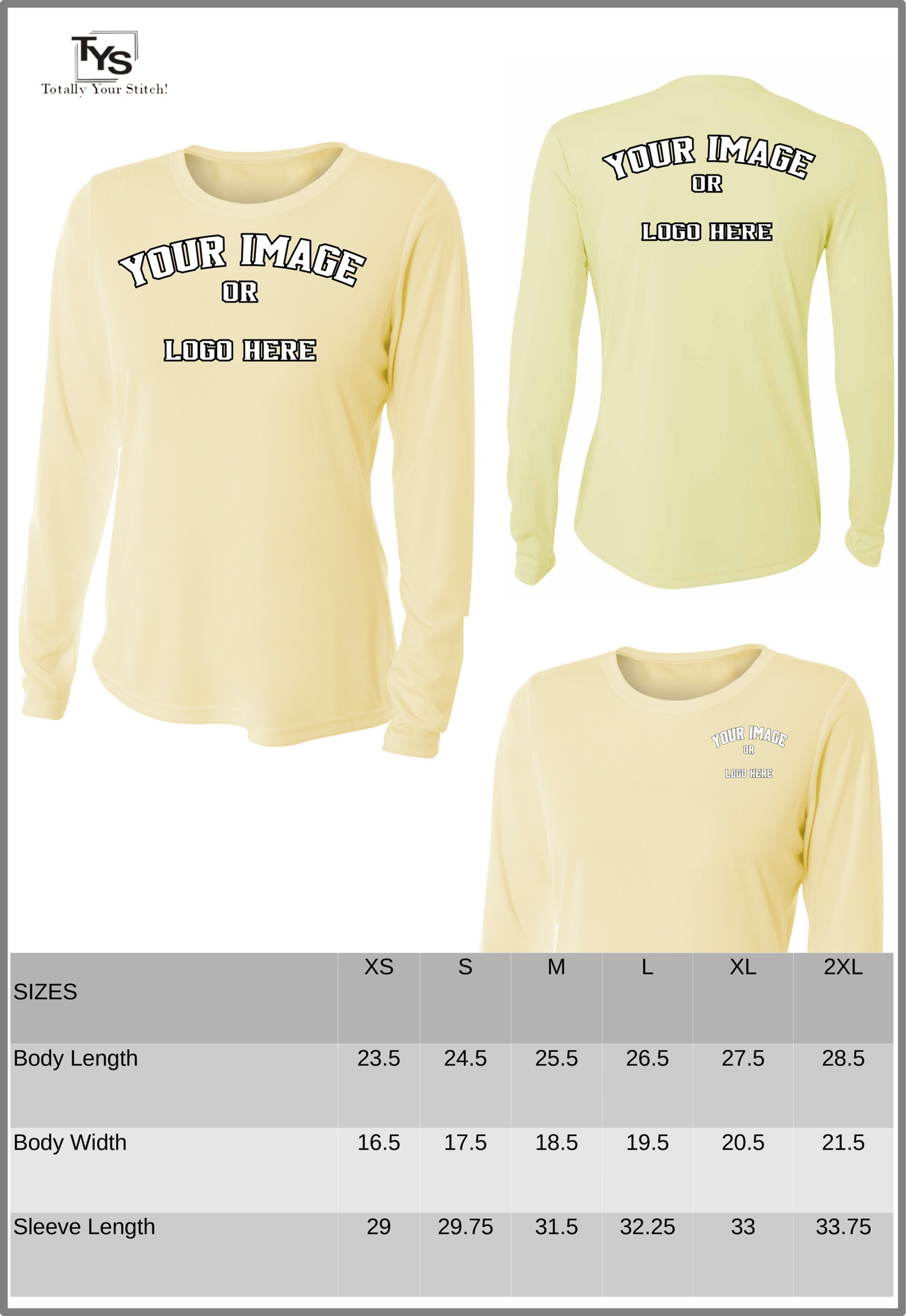 Custom Printed Long Sleeve Crew Neck shirts -4 Pack Women light yellow