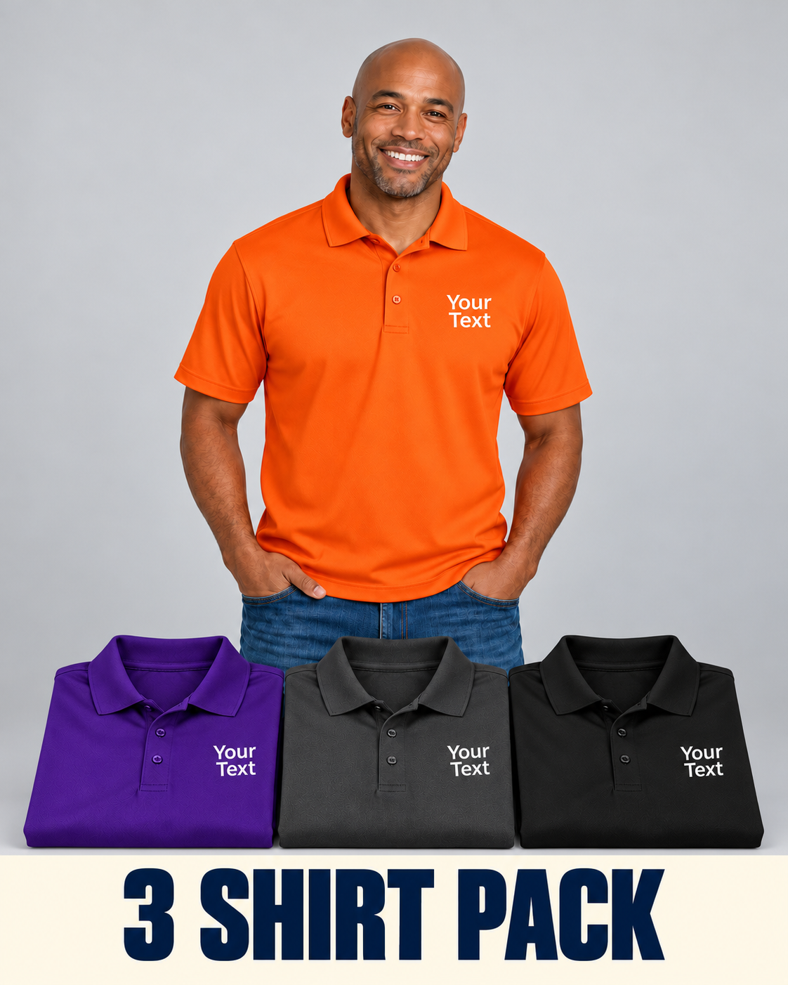 Men’s Dry-Sport Polos – Custom Embroidered Text – 3-Pack