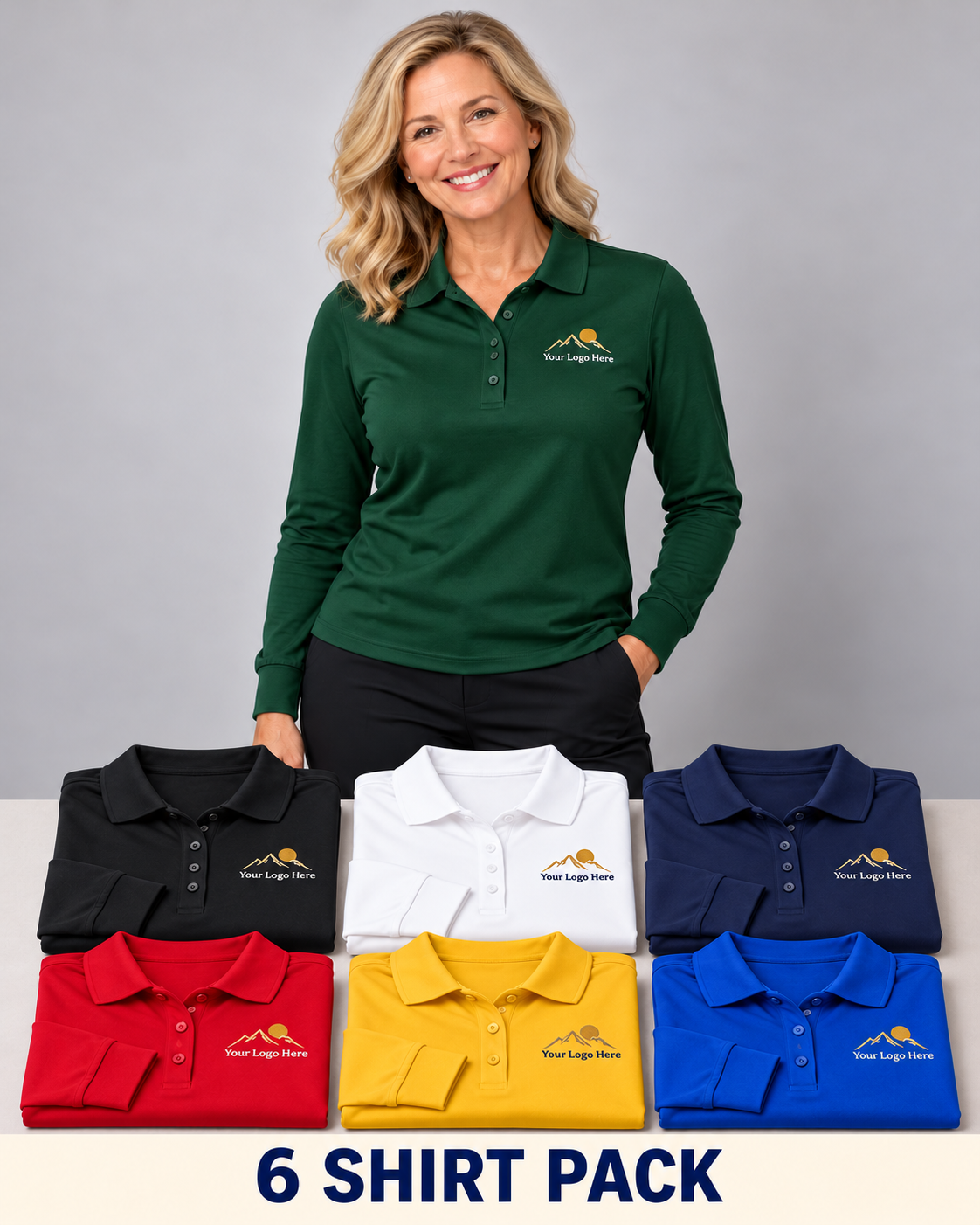 Women’s Long-Sleeve Dry-Fit Polos – Custom Embroidered Logo – 6-Pack