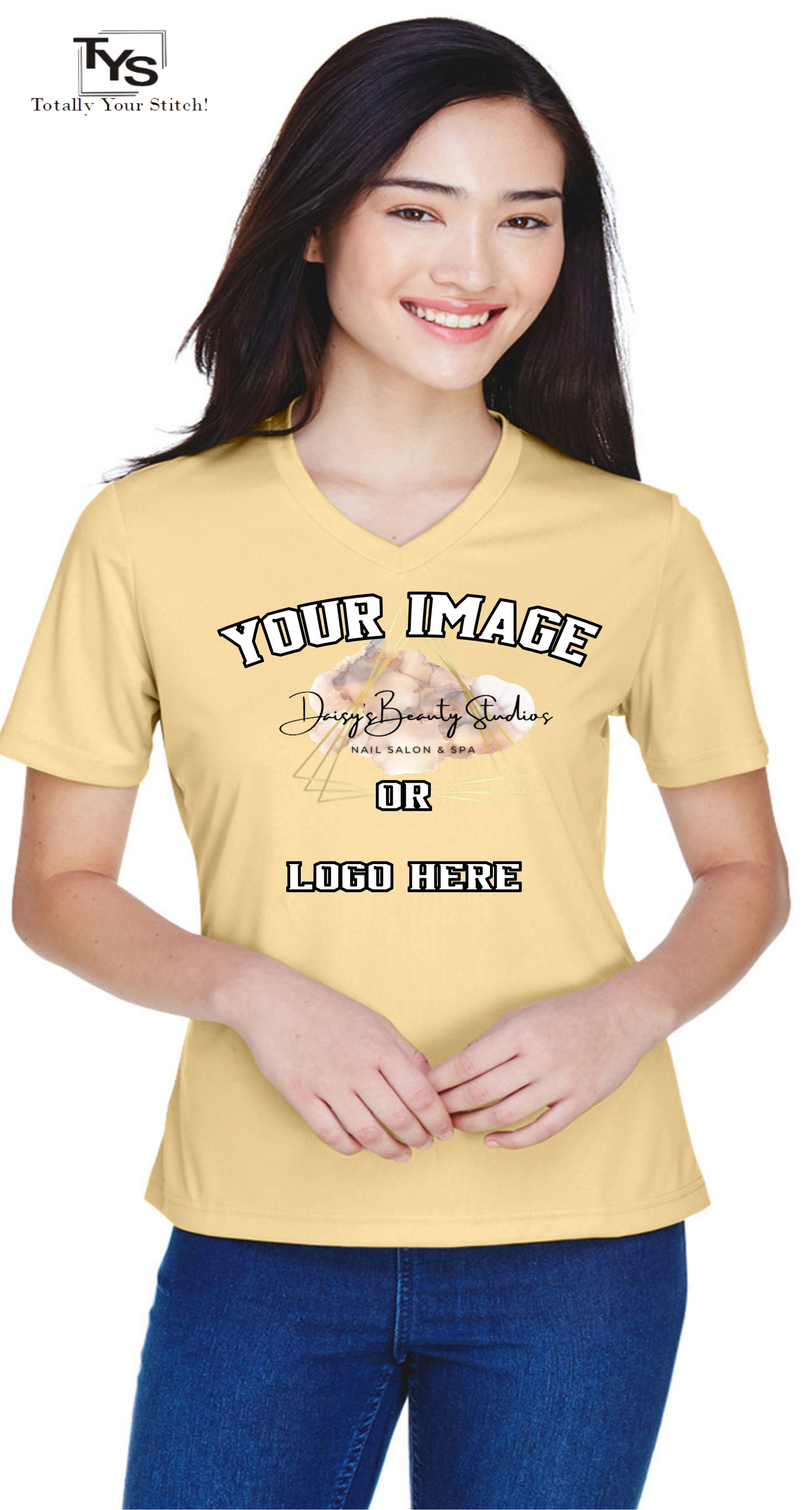 Dry Fit Custom Logo V-Neck T-shirts - Ladies 4 Pack Printed - Vegas Gold