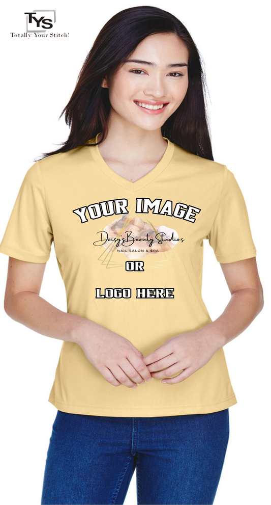 Dry Fit Custom Logo V-Neck T-shirts - Ladies 4 Pack Printed - Vegas Gold