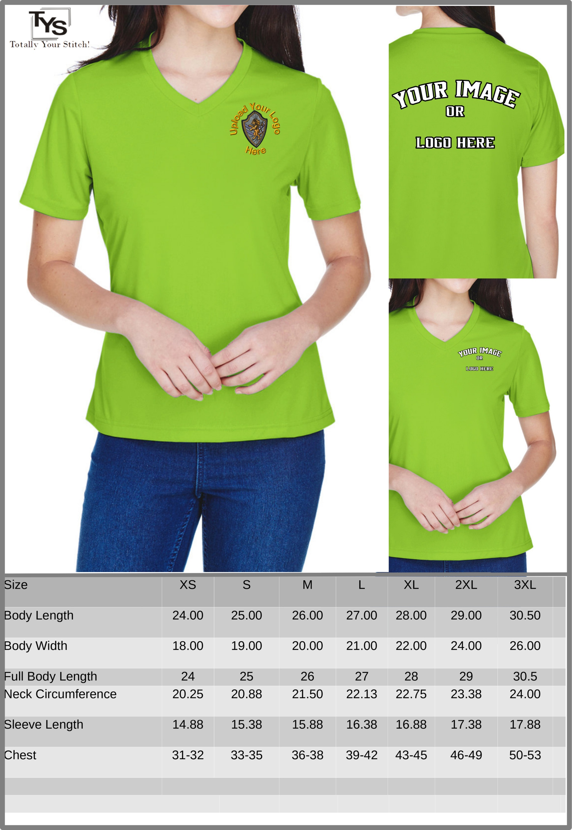 Dry Fit Custom Logo V-Neck T-shirts - Ladies 4 Pack Printed - Acid Green