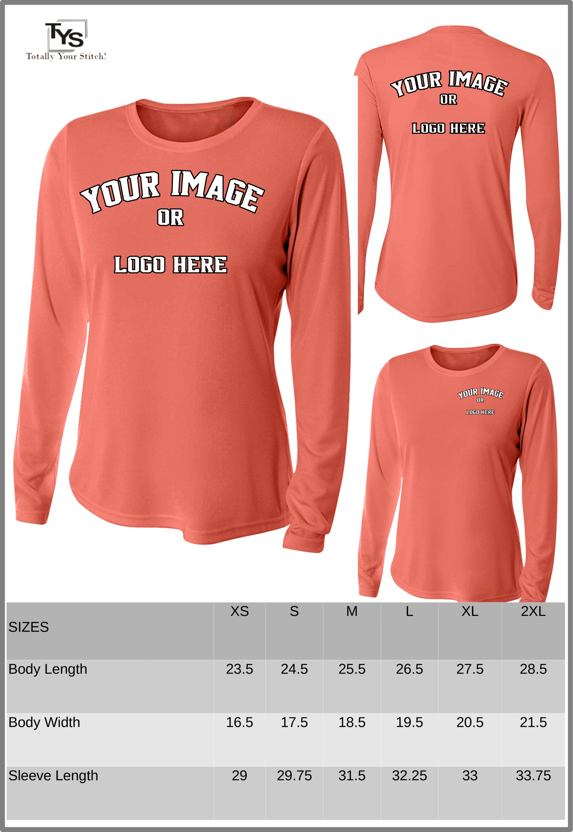 Custom Printed Long Sleeve Crew Neck shirts -4 Pack Women -coral