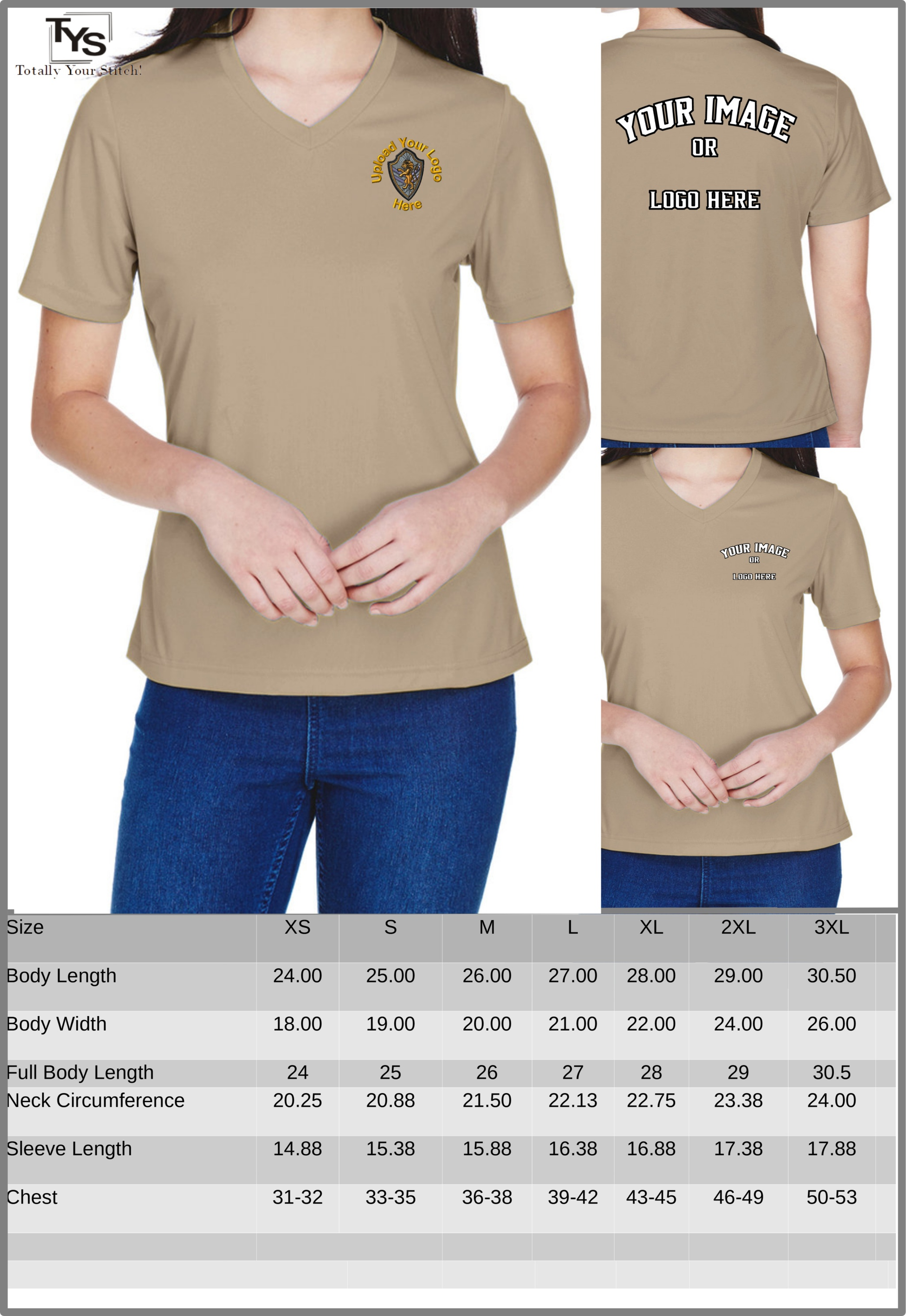 Dry Fit Custom Logo V-Neck T-shirts - Ladies 4 Pack Printed - Desert Khaki