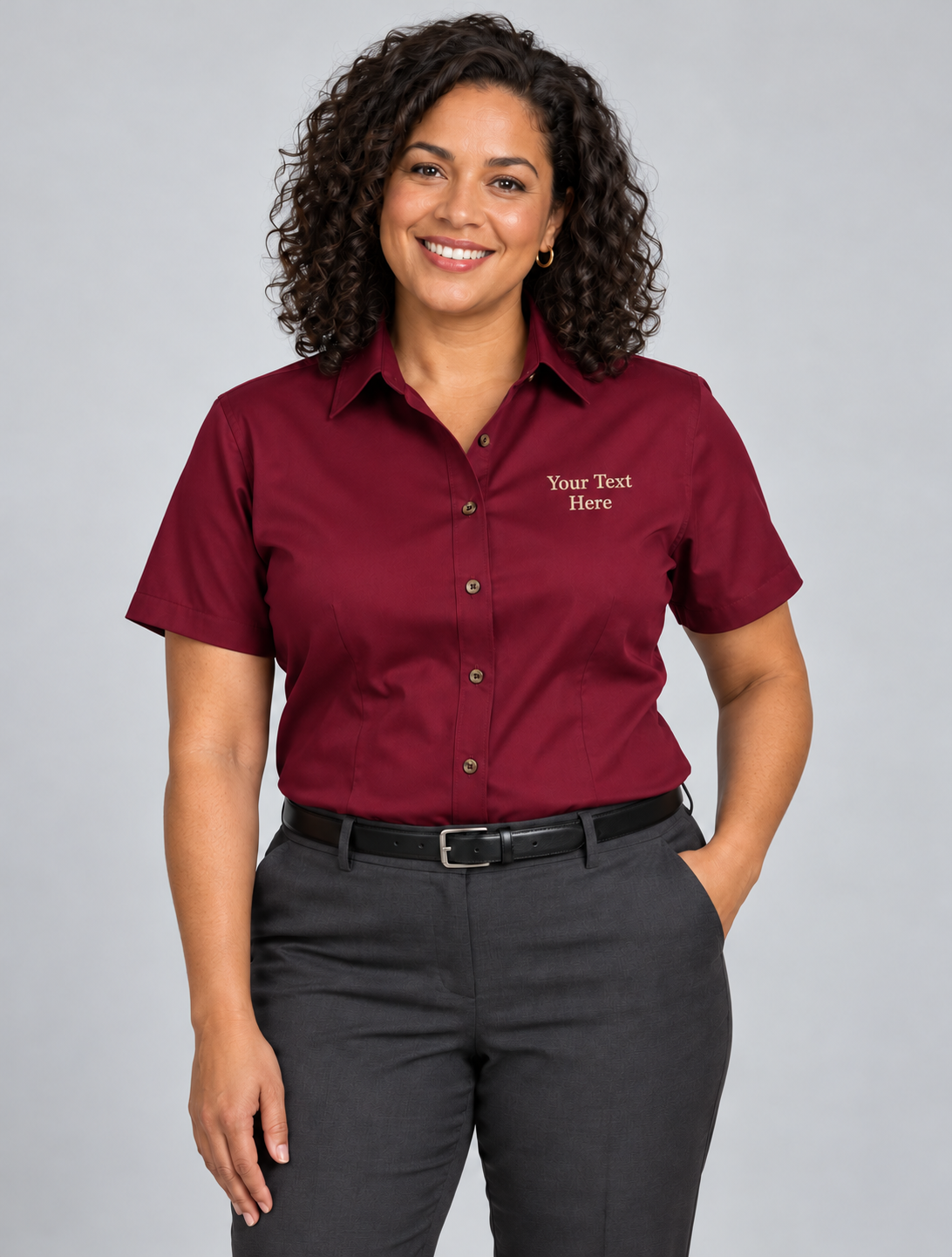 Women's Short Sleeve Dress Shirt w/ Text Embroidered — M500SW