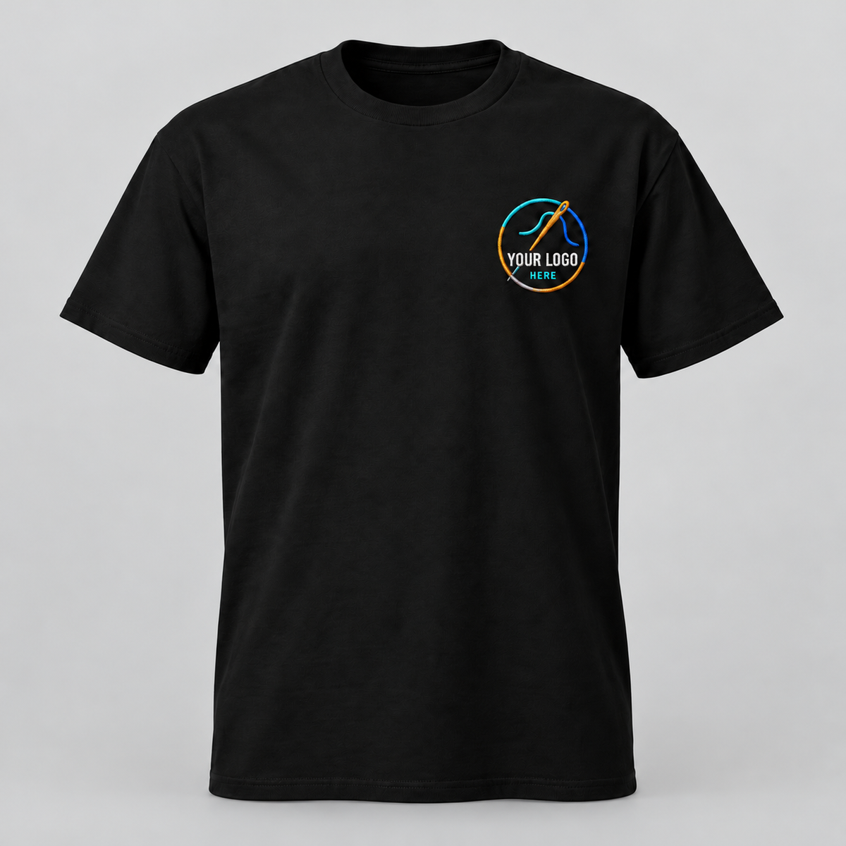 Black unisex cotton T-shirt with colorful custom embroidered logo on left chest, gray background
