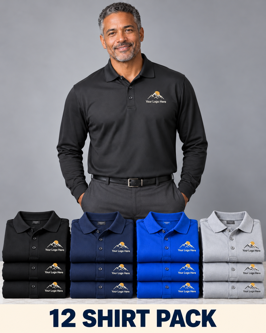 Long-Sleeve Dry-Sport Polos – Custom Embroidered Logo – 12-Pack