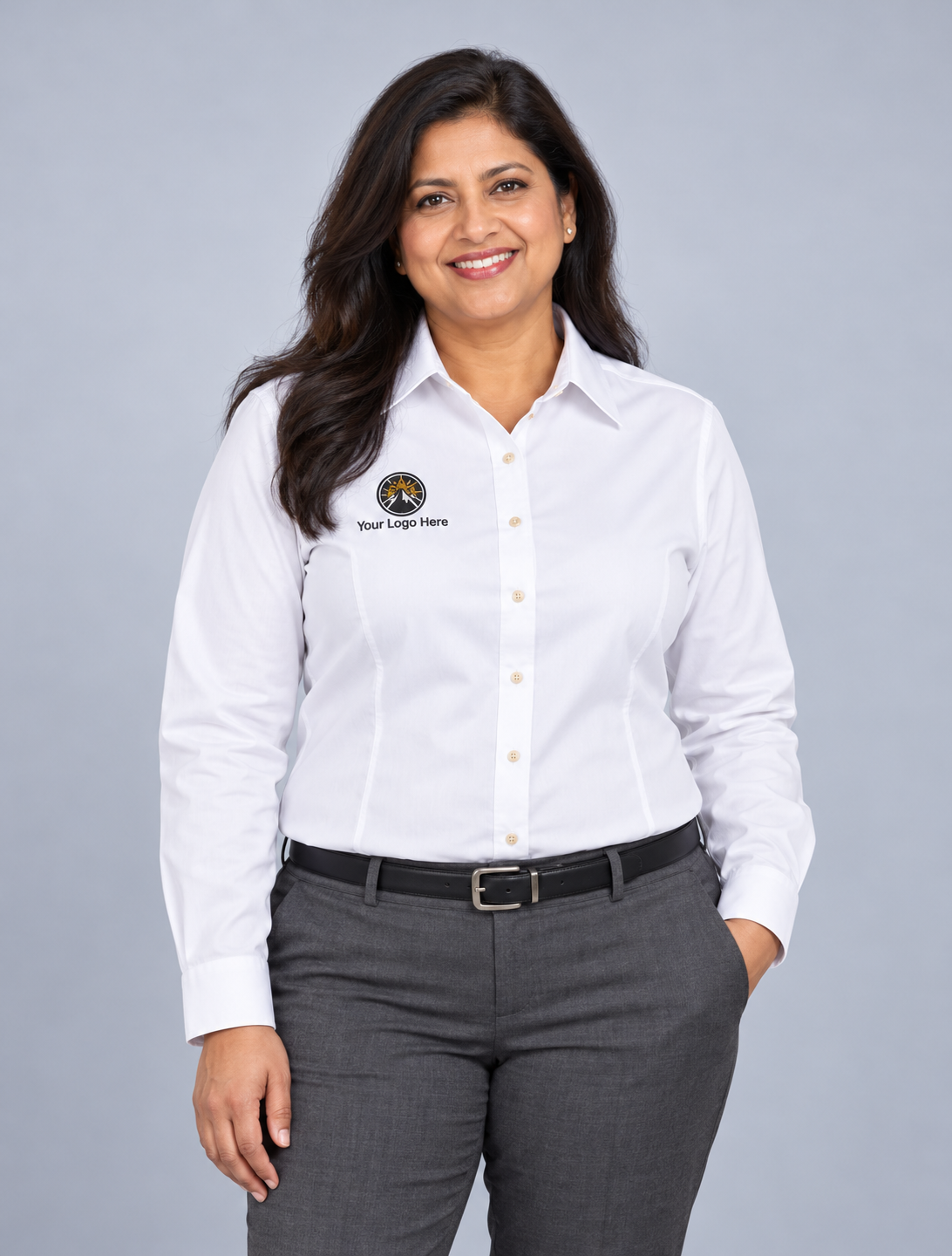 Women's White Long Sleeve Shirt w/ Logo Embroidered — 2X