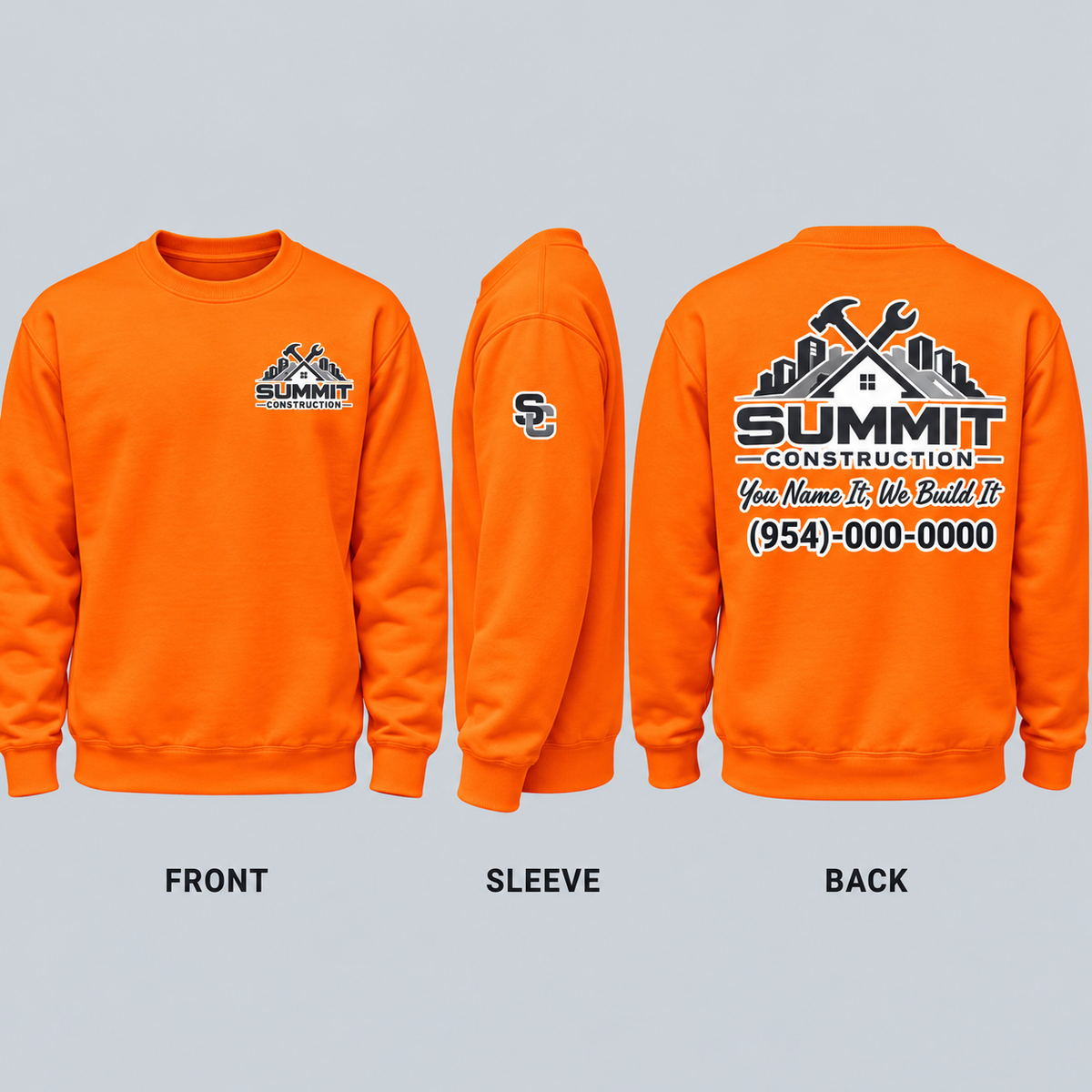 Safety Orange Crewneck Sweatshirt with Custom Logo