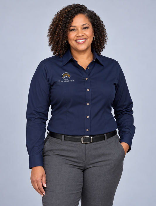 Women's Navy Long Sleeve Shirt w/ Logo Embroidered — 3X