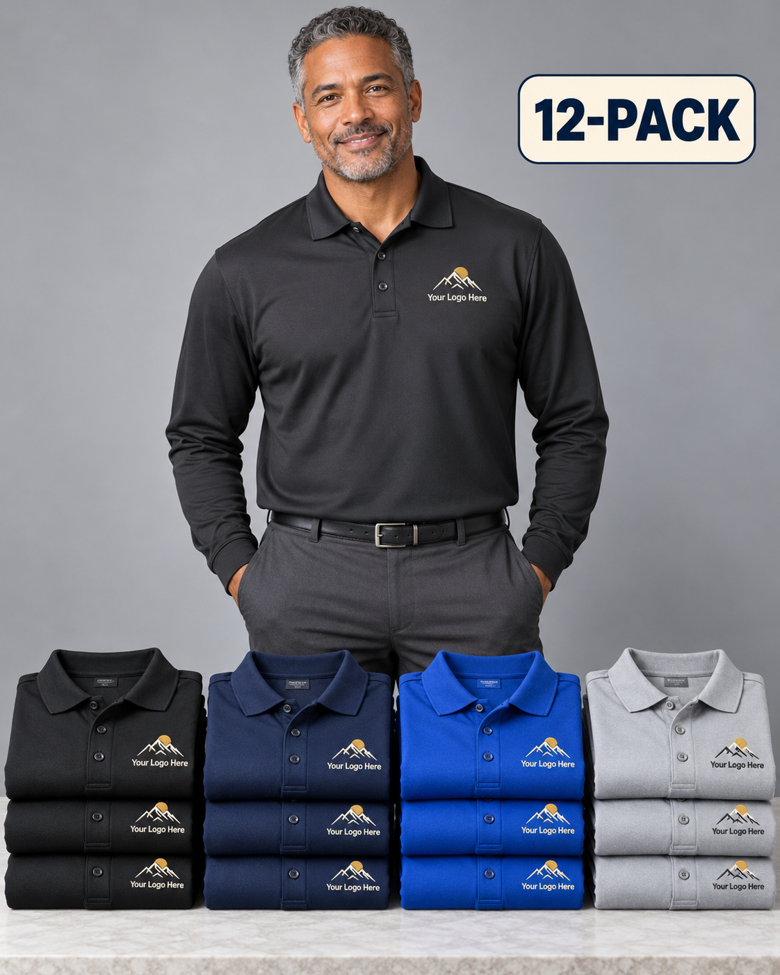 Long-Sleeve Dry-Sport Polos – Custom Embroidered Logo – 12-Pack