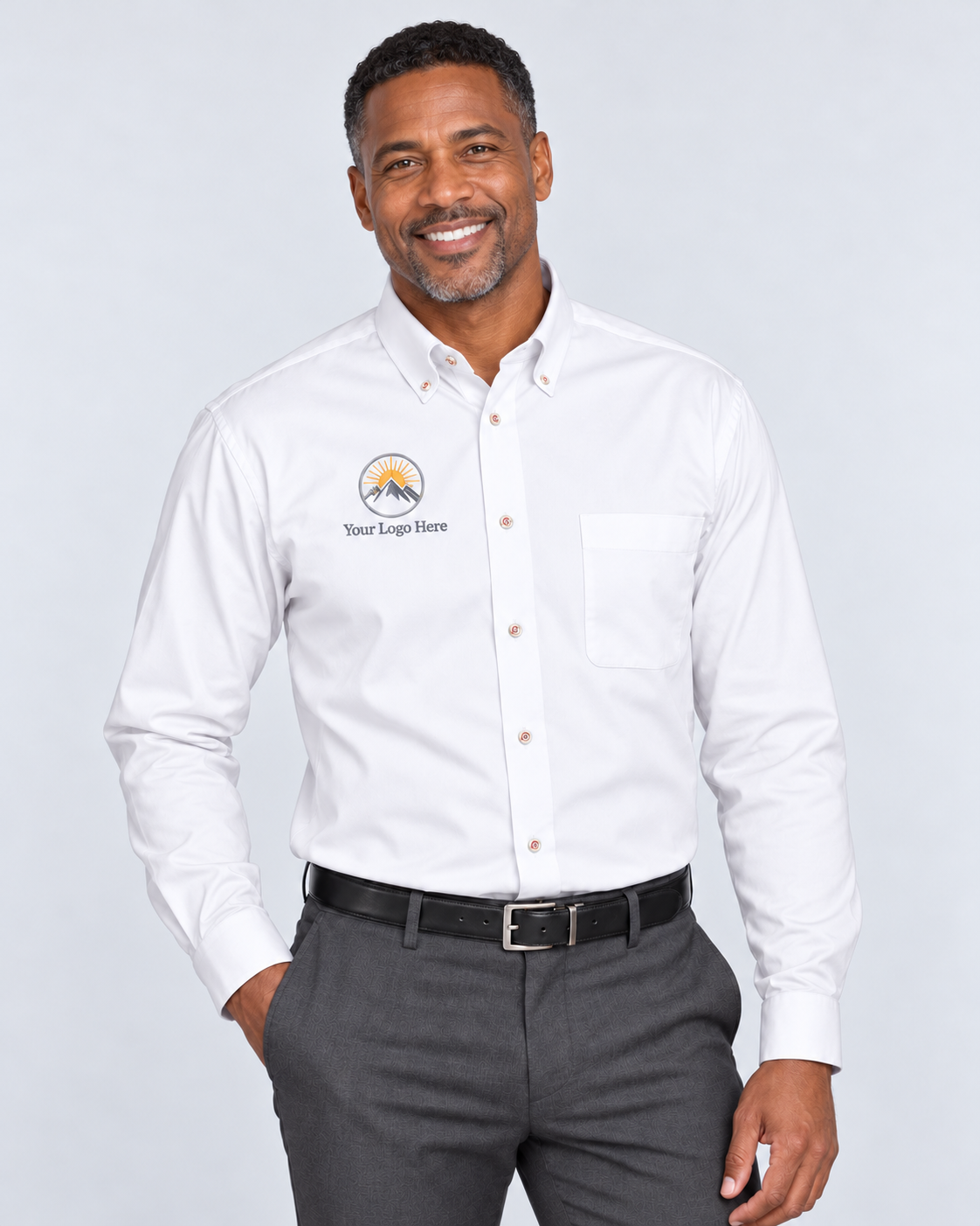 Men's White Long Sleeve Shirt w/ Logo Embroidered — 2X
