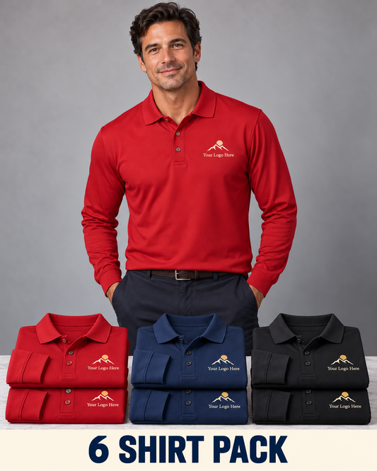 Men’s Long-Sleeve Sport Polos – Custom Embroidered Logo – 6-Pack