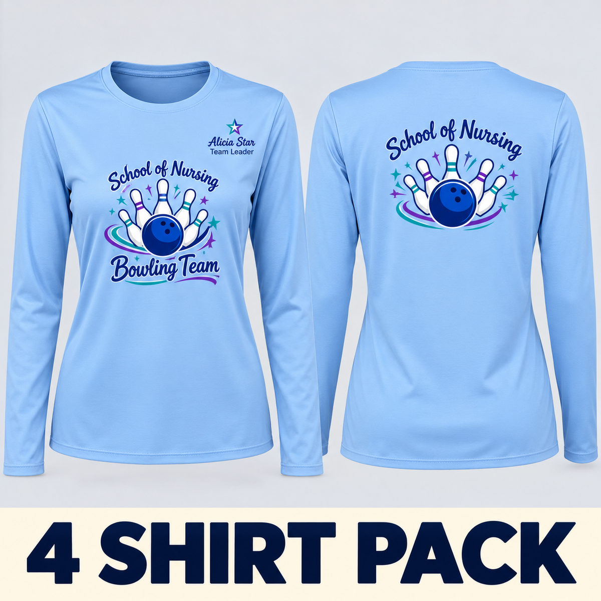 Custom Printed Long Sleeve Crew Neck Dri-Fit shirts -4 Pack Women
