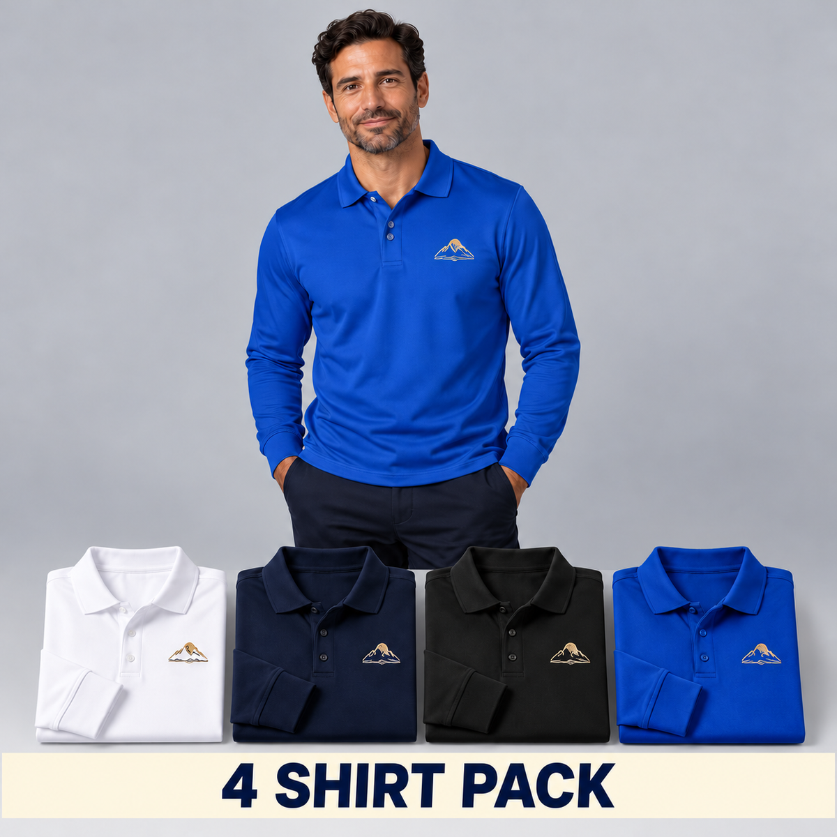 Men’s Long-Sleeve Polos – Custom Embroidered Logo – 4-Pack