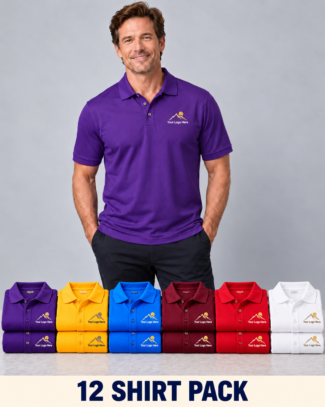 12 shirt pack with purple polo model and assorted colors