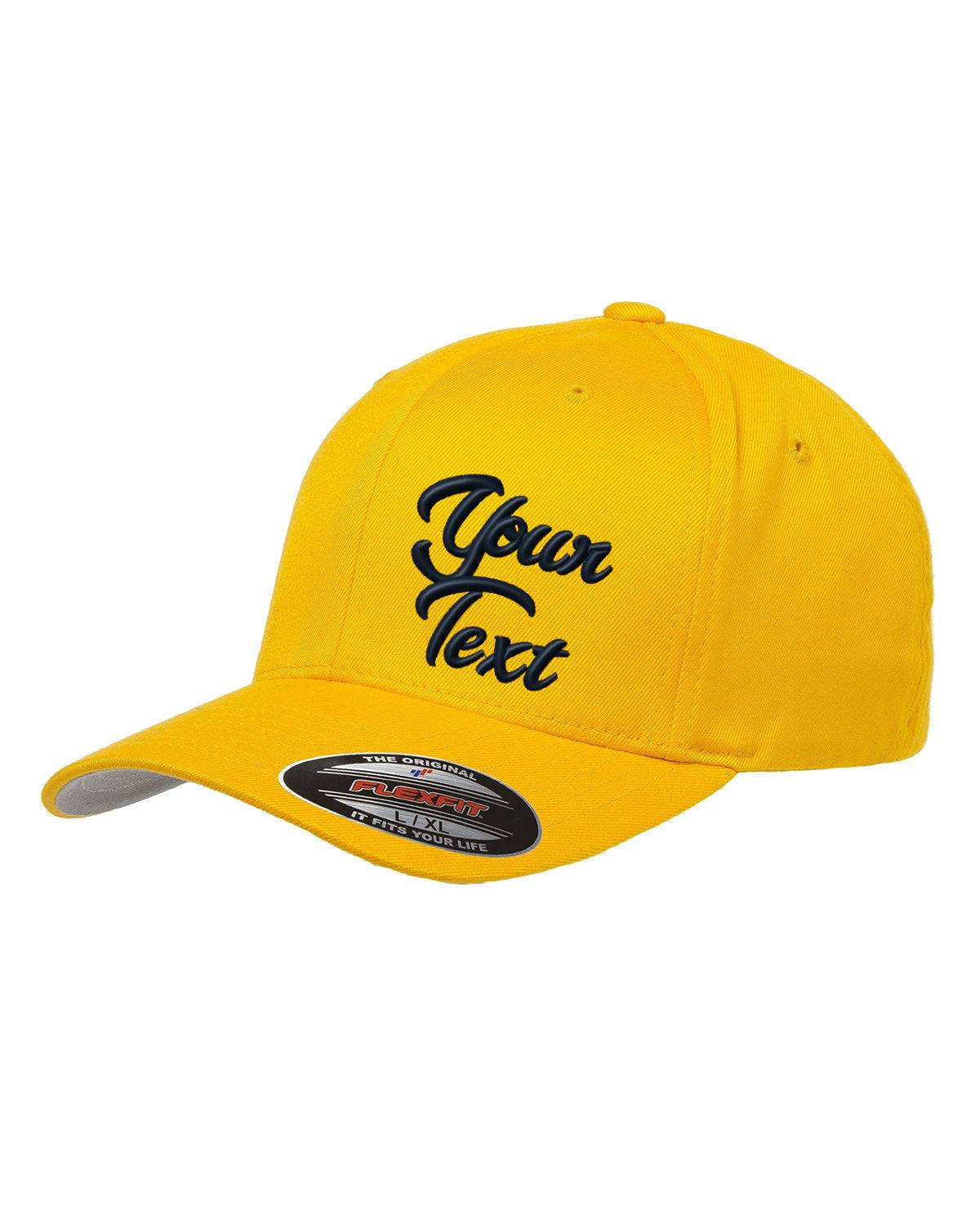 Flex Fitted Ball Caps Your Company Custom text Embroidered -3 Pack gold