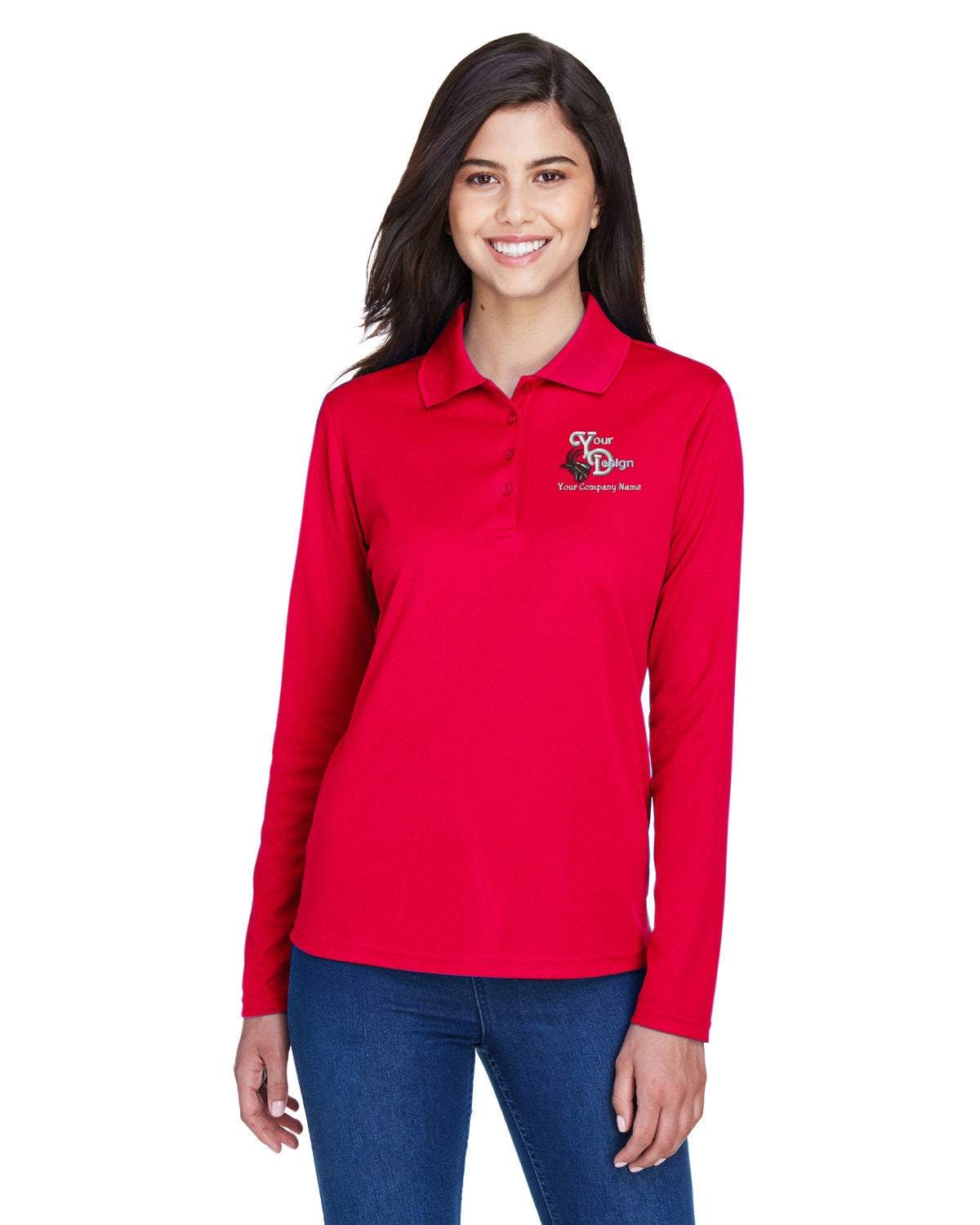 Long Sleeve Dry-Fit Polo Your Company Logo Embroidered For Women 3-Pcs  - red