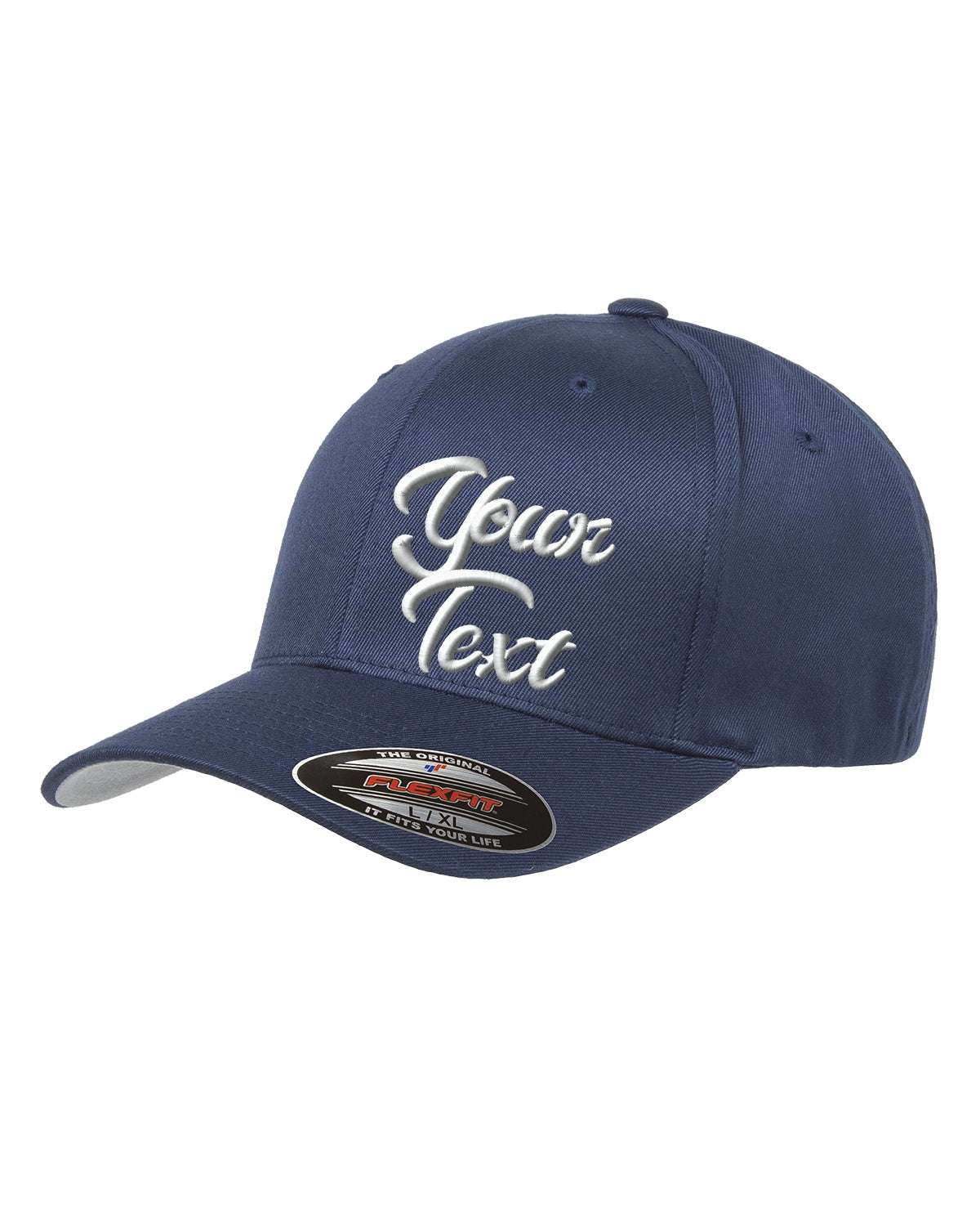 Flex Fitted Ball Caps Your Company Custom text Embroidered -3 Pack - navy blue