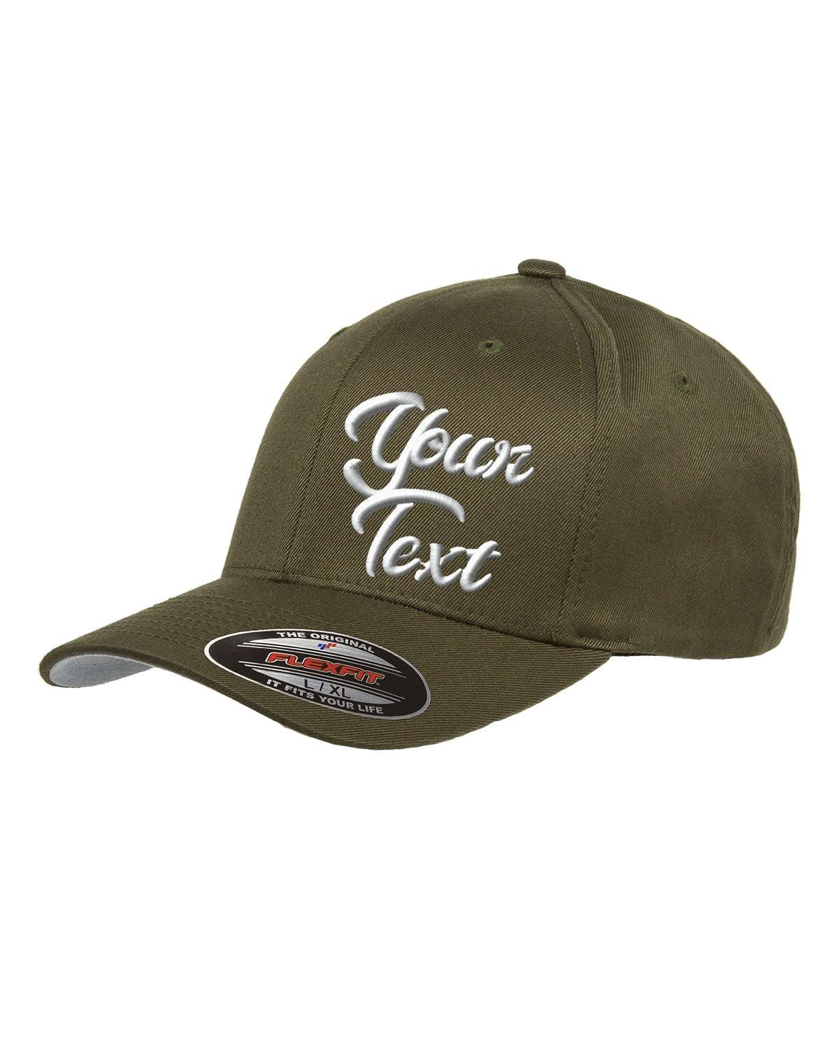 Flex Fitted Ball Caps Your Company Custom text Embroidered -3 Pack - olive green