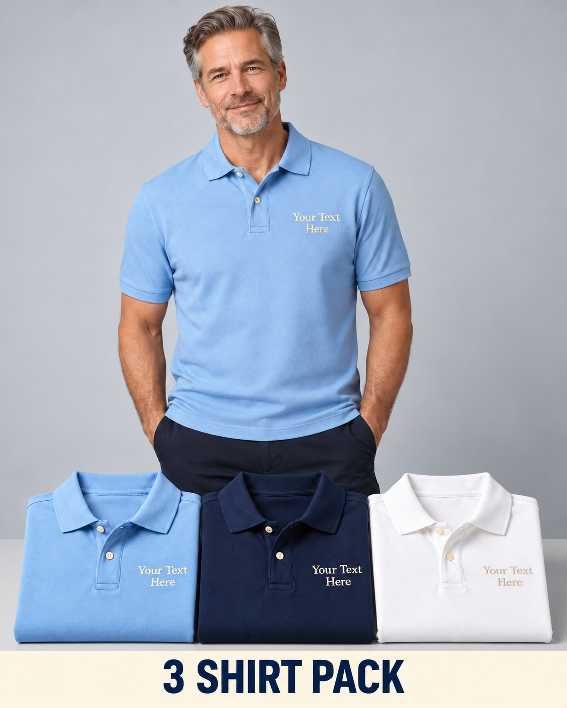 Men’s Cotton Polos – Custom Embroidered Text – 3-Pack