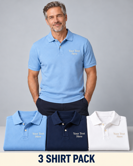 Men’s Cotton Polos – Custom Embroidered Text – 3-Pack