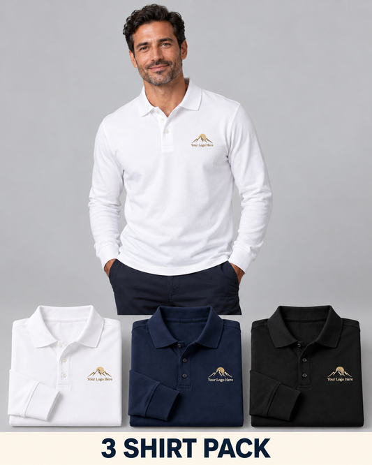 Men’s Long-Sleeve Polos – Custom Embroidered Logo – 3-Pack