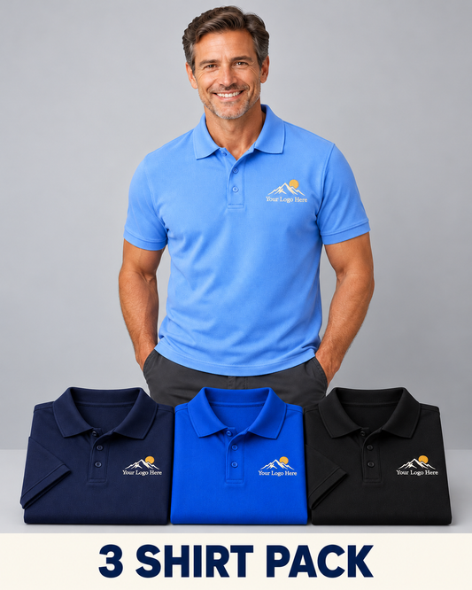 Men’s Deluxe Cotton Polos – Custom Embroidered Logo – 3-Pack