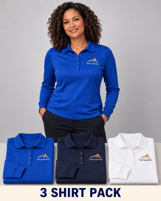 Women’s Long-Sleeve Dry-Fit Polos – Custom Embroidered Logo – 3-Pack