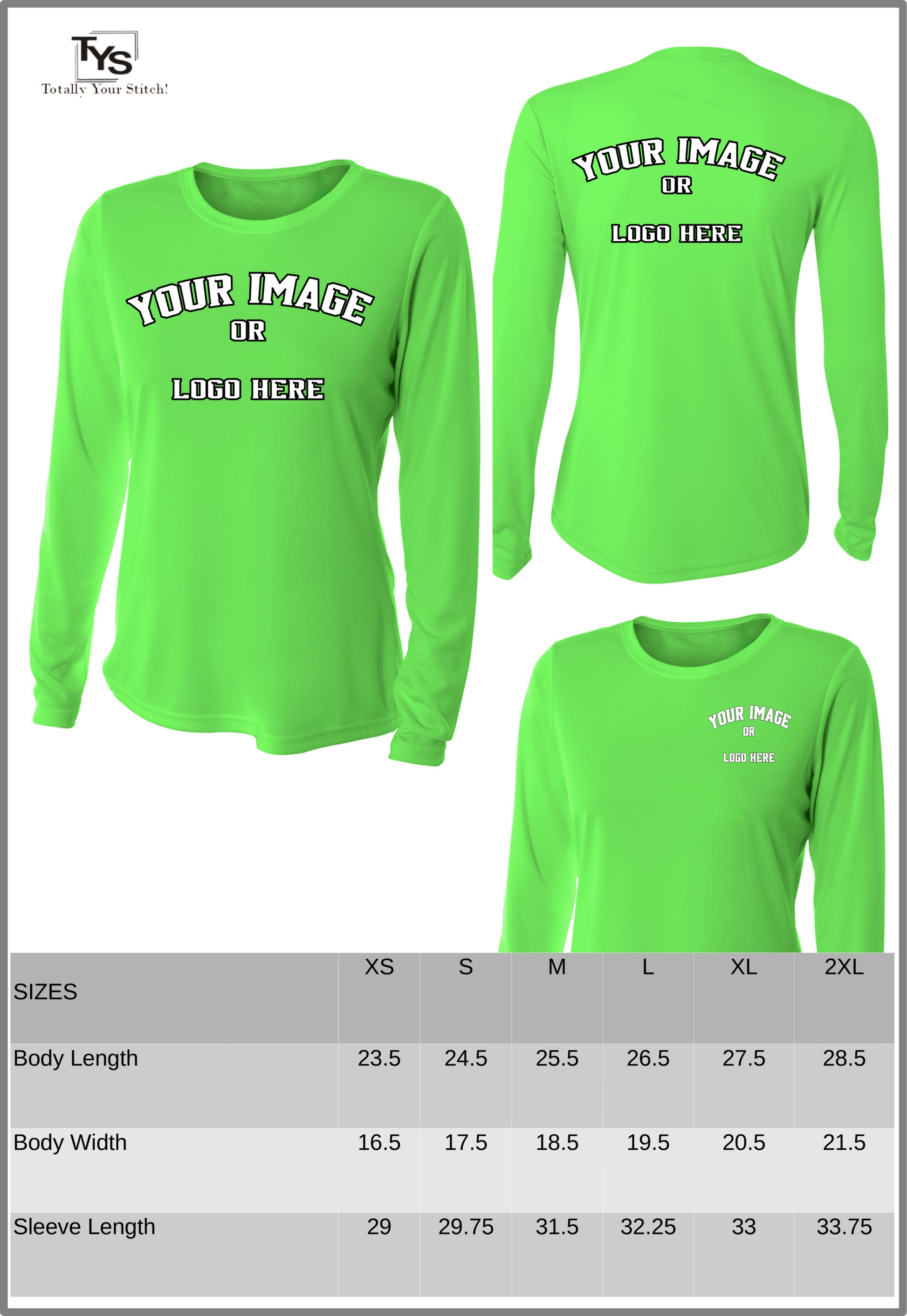 Custom Printed Long Sleeve Crew Neck shirts -4 Pack Women  - safety green