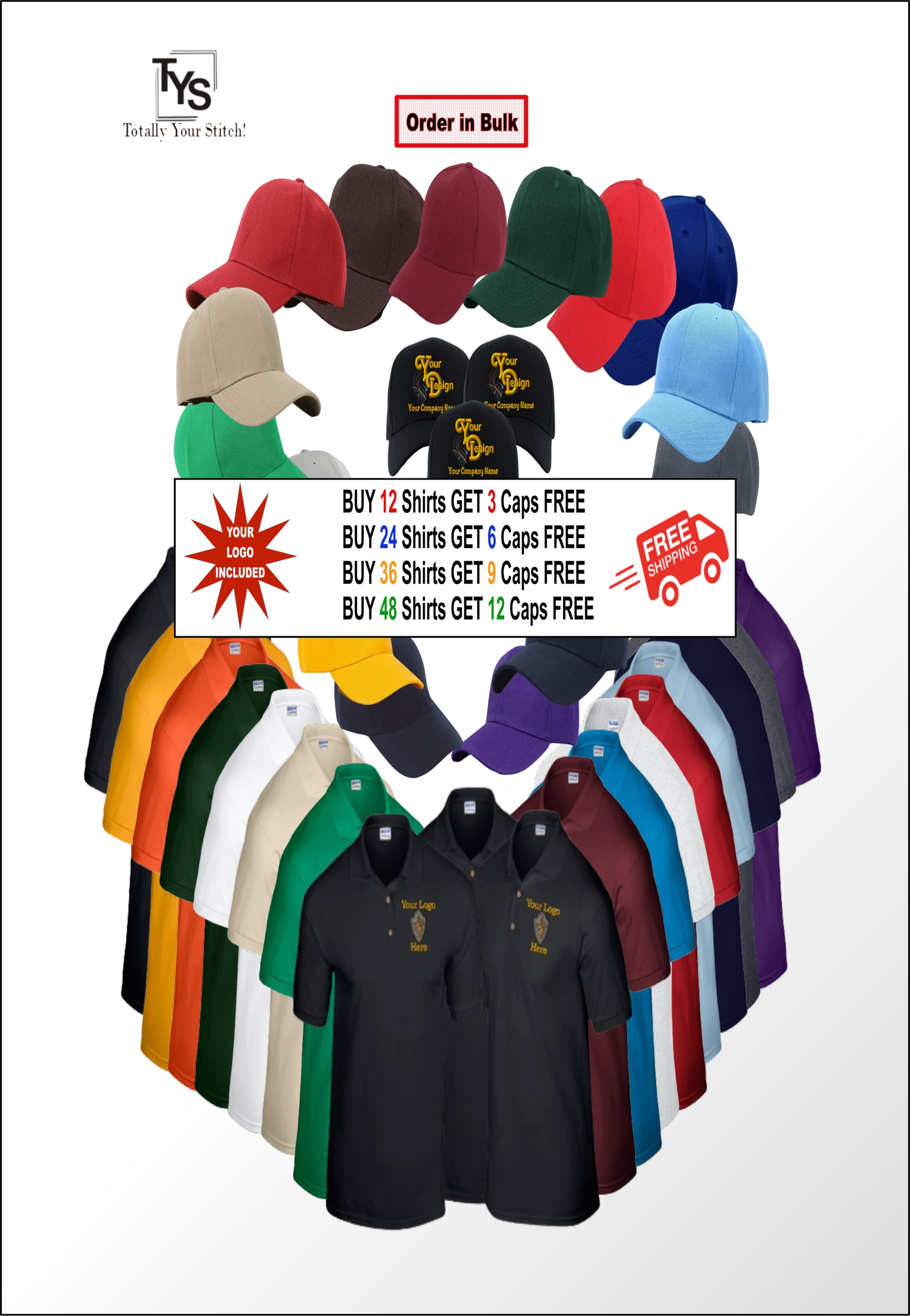 Custom Polo Shirts Your Business Logo Embroidered -FREE Caps Wholesale