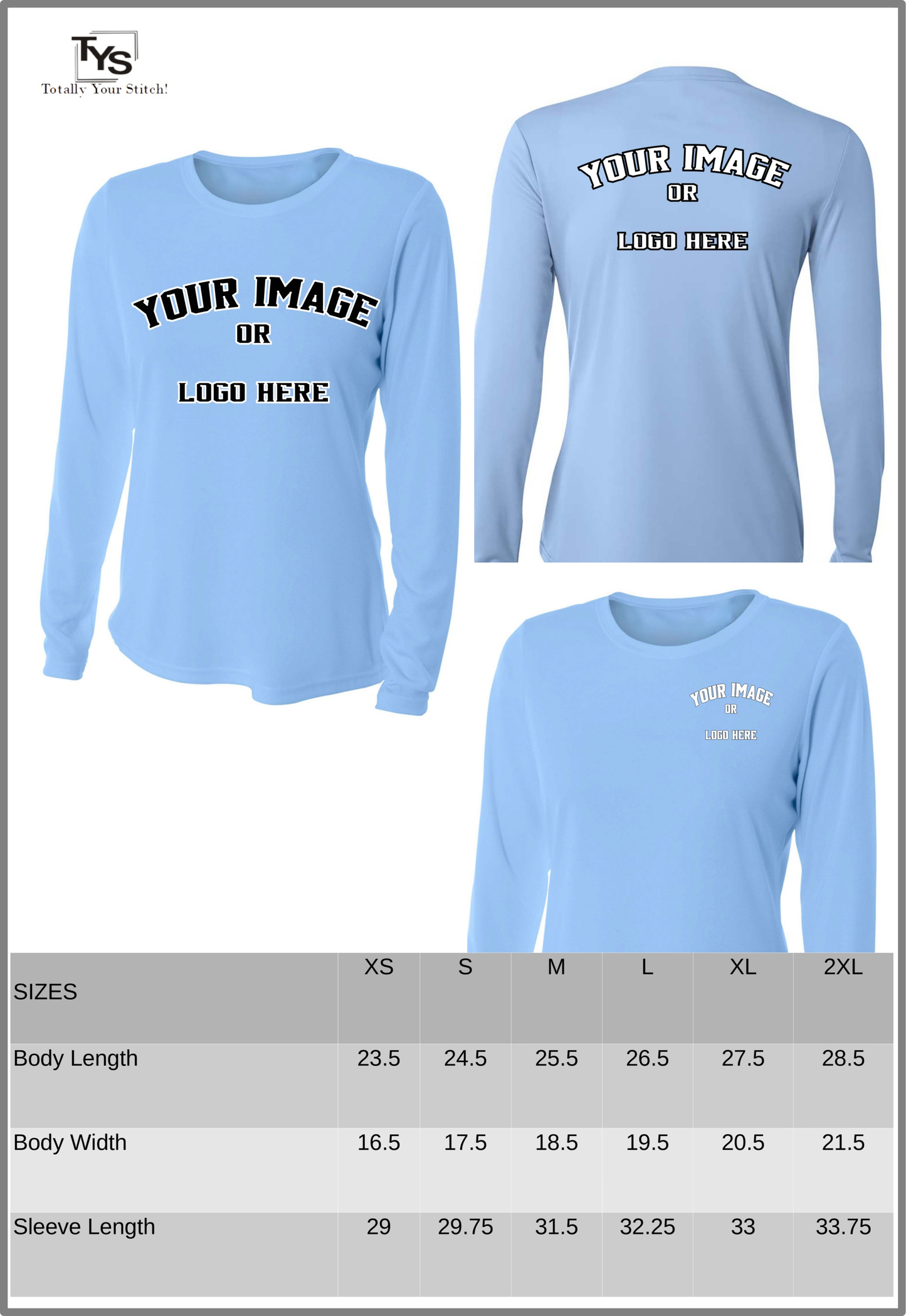 Custom Printed Long Sleeve Crew Neck shirts -4 Pack Women - light blue