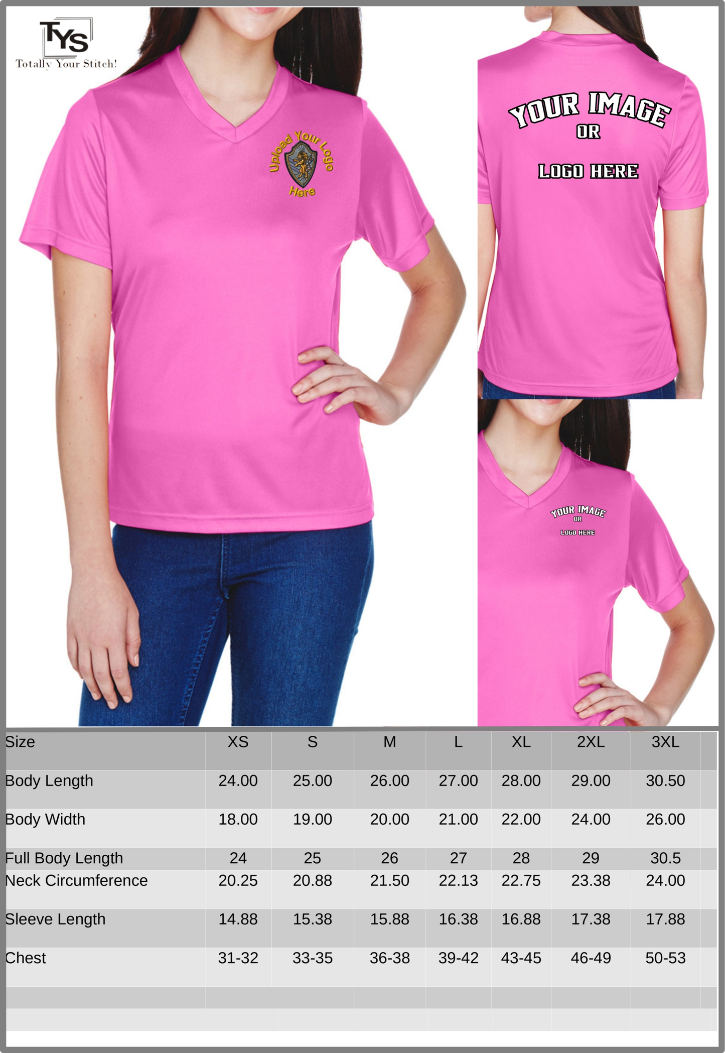 Dry Fit Custom Logo V-Neck T-shirts - Ladies 4 Pack Printed - Charity Pink