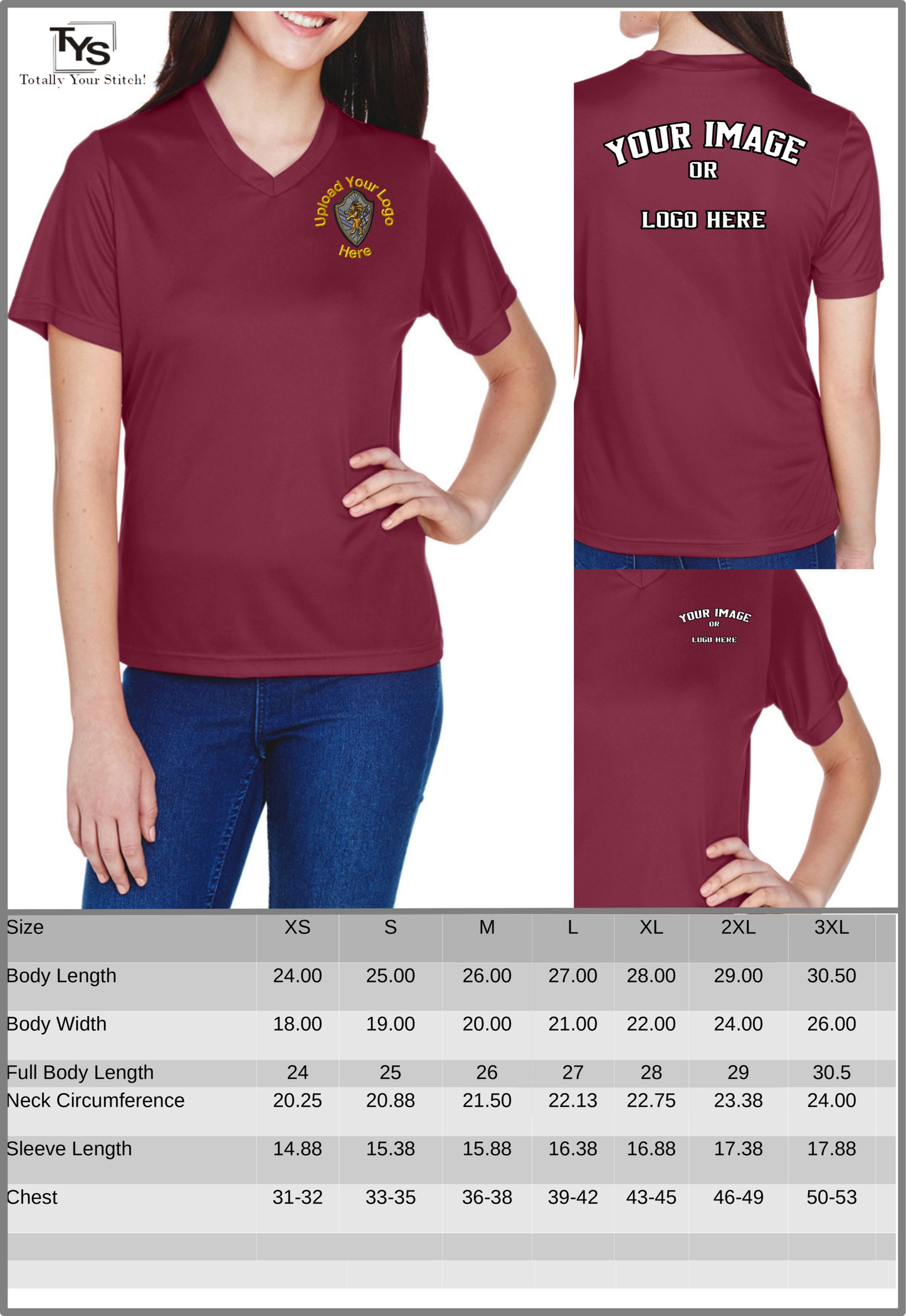 Dry Fit Custom Logo V-Neck T-shirts - Ladies 4 Pack Printed - Maroon