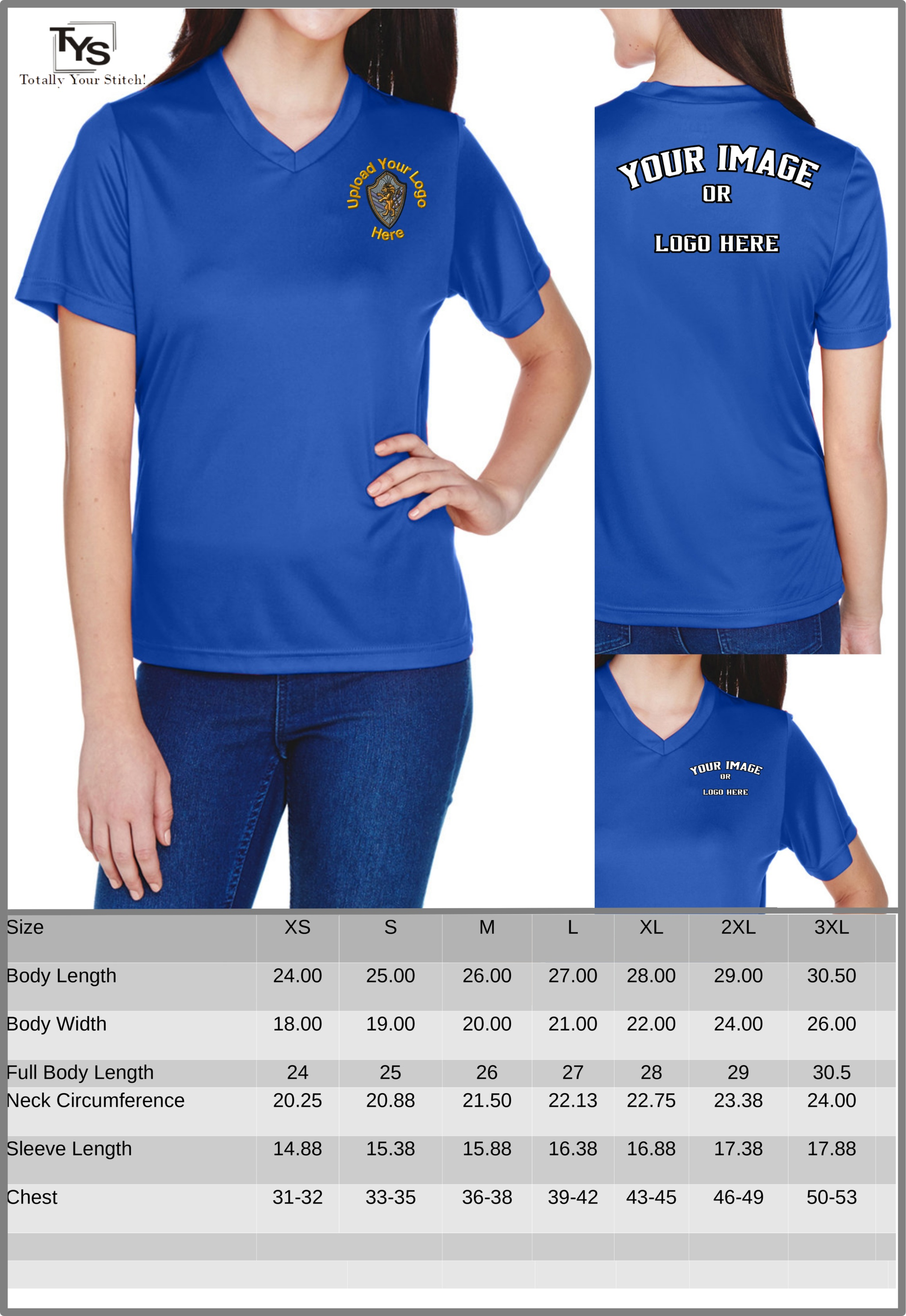 Dry Fit Custom Logo V-Neck T-shirts - Ladies 4 Pack Printed - Royal Blue