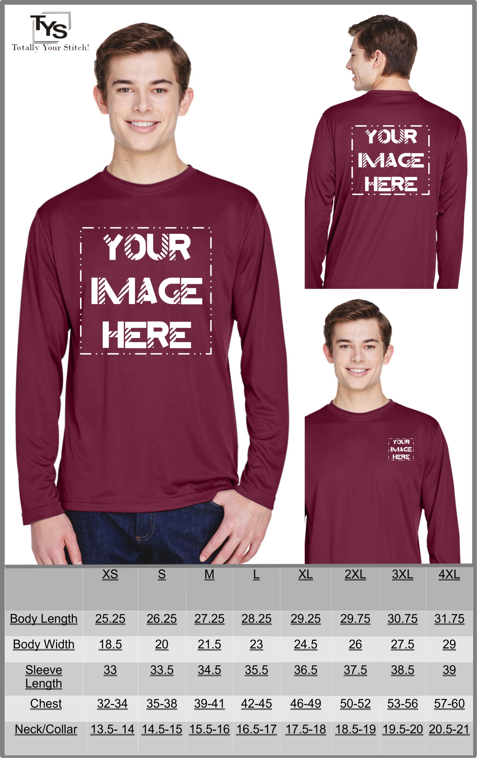 Men's Long Sleeve Custom Printed Dry Fit Sport T-shirts 4 pack - maroon