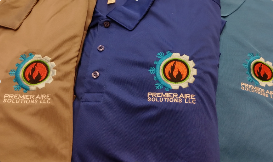 Three polo shirts with Premier Aire Solutions logos embroidered by Totally Your Stitch