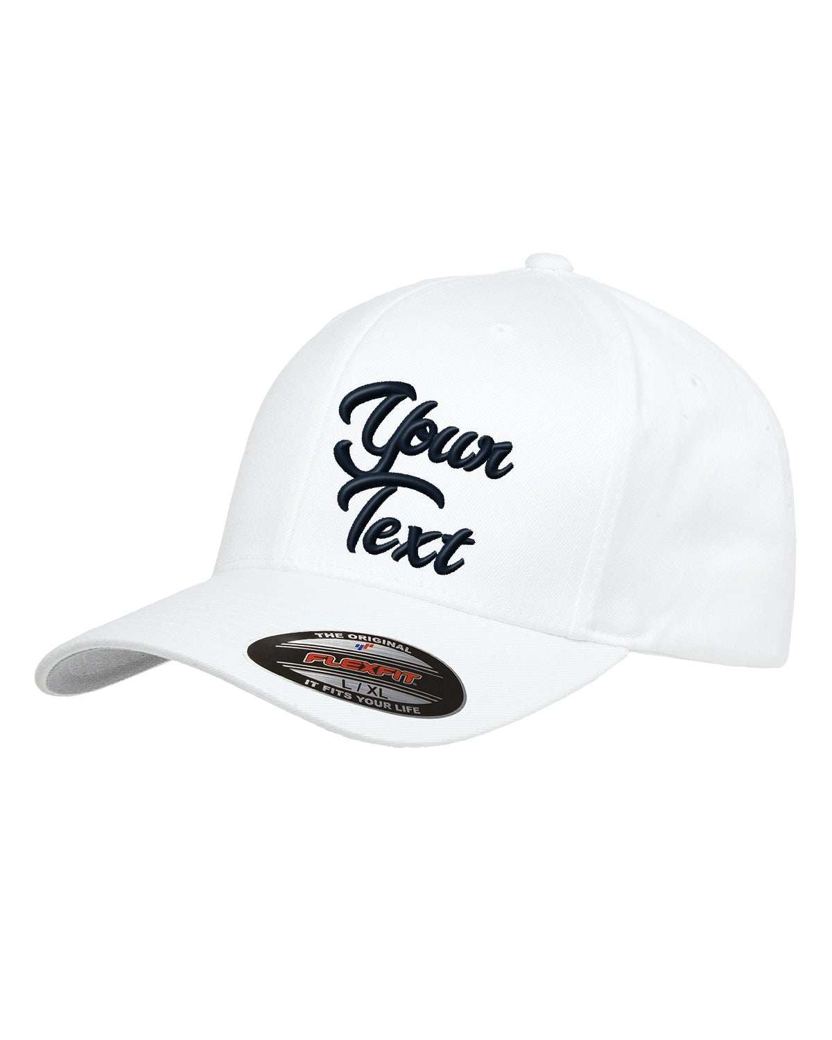 Flex Fitted Ball Caps Your Company Custom text Embroidered -3 Pack - white