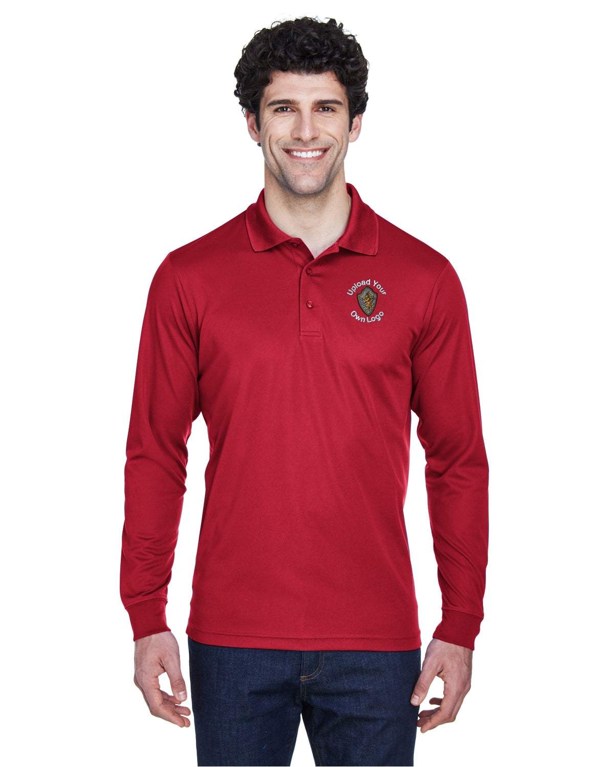 Long Sleeve Polo Shirt With Custom Business Logo Embroidered - Men - red