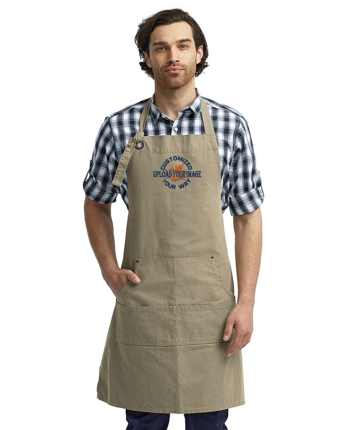 Unisex Canvas Apron Your Custom Design or Logo Embroidered - khaki