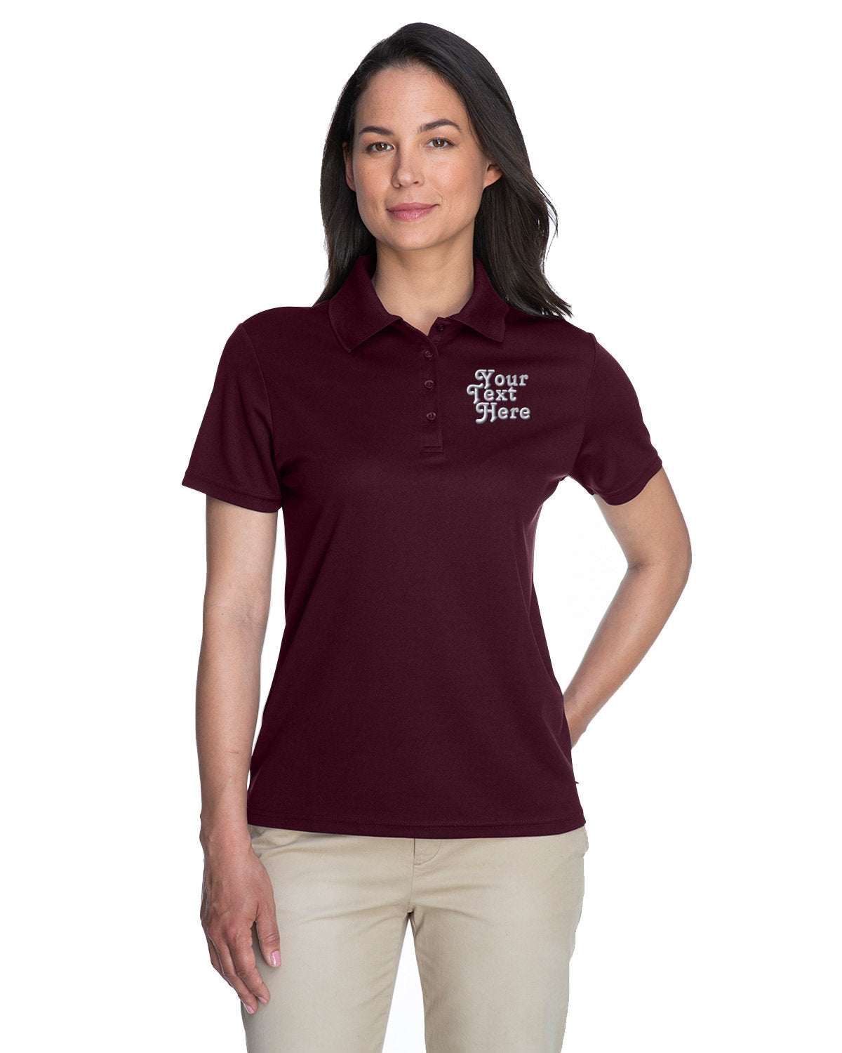 Premium Dry-Fit Polo Shirt- Your Company Name Text Embroidered- Women - burgundy