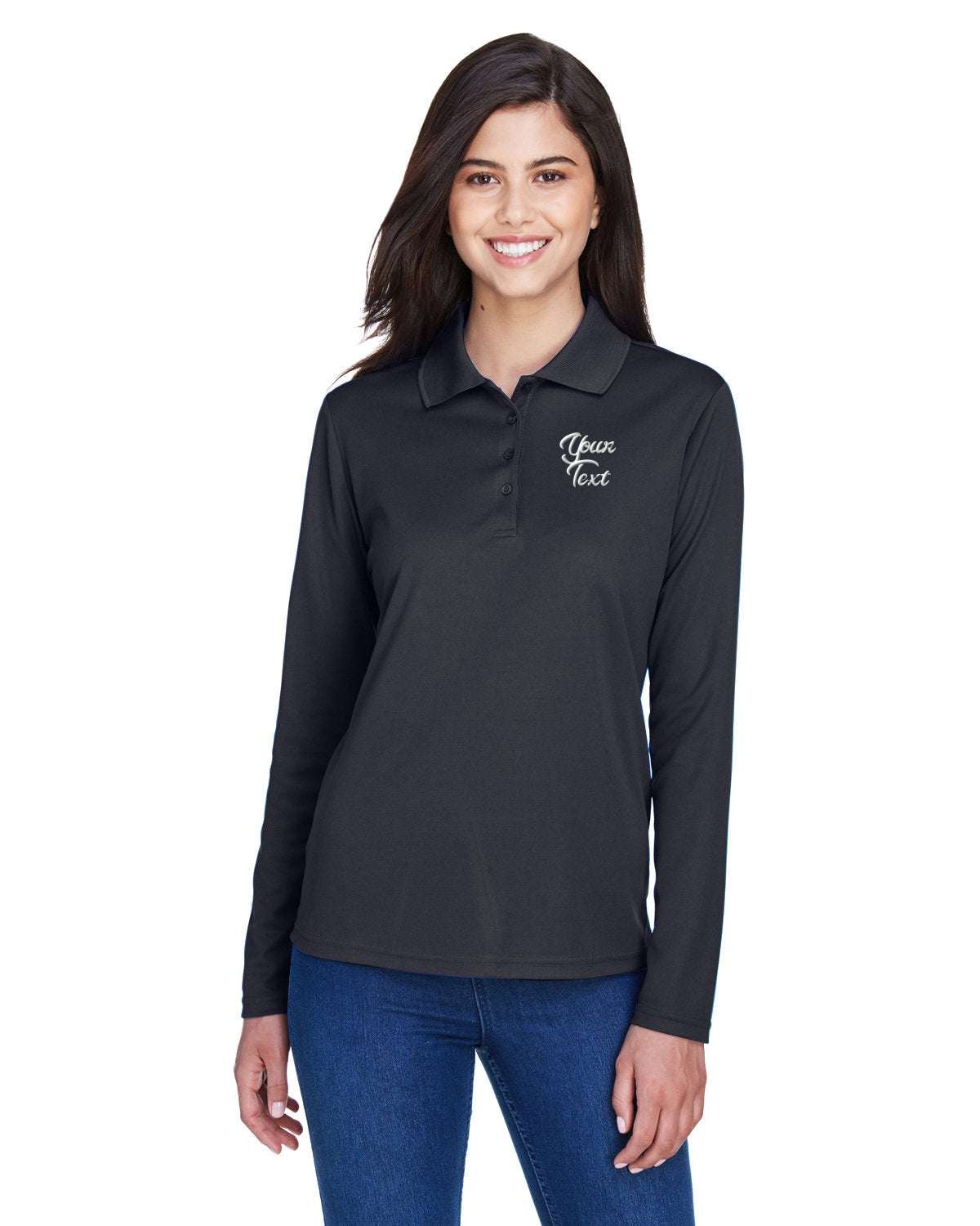 Long Sleeve Dry-Fit Polo with Custom Text Embroidered - Women - carbon